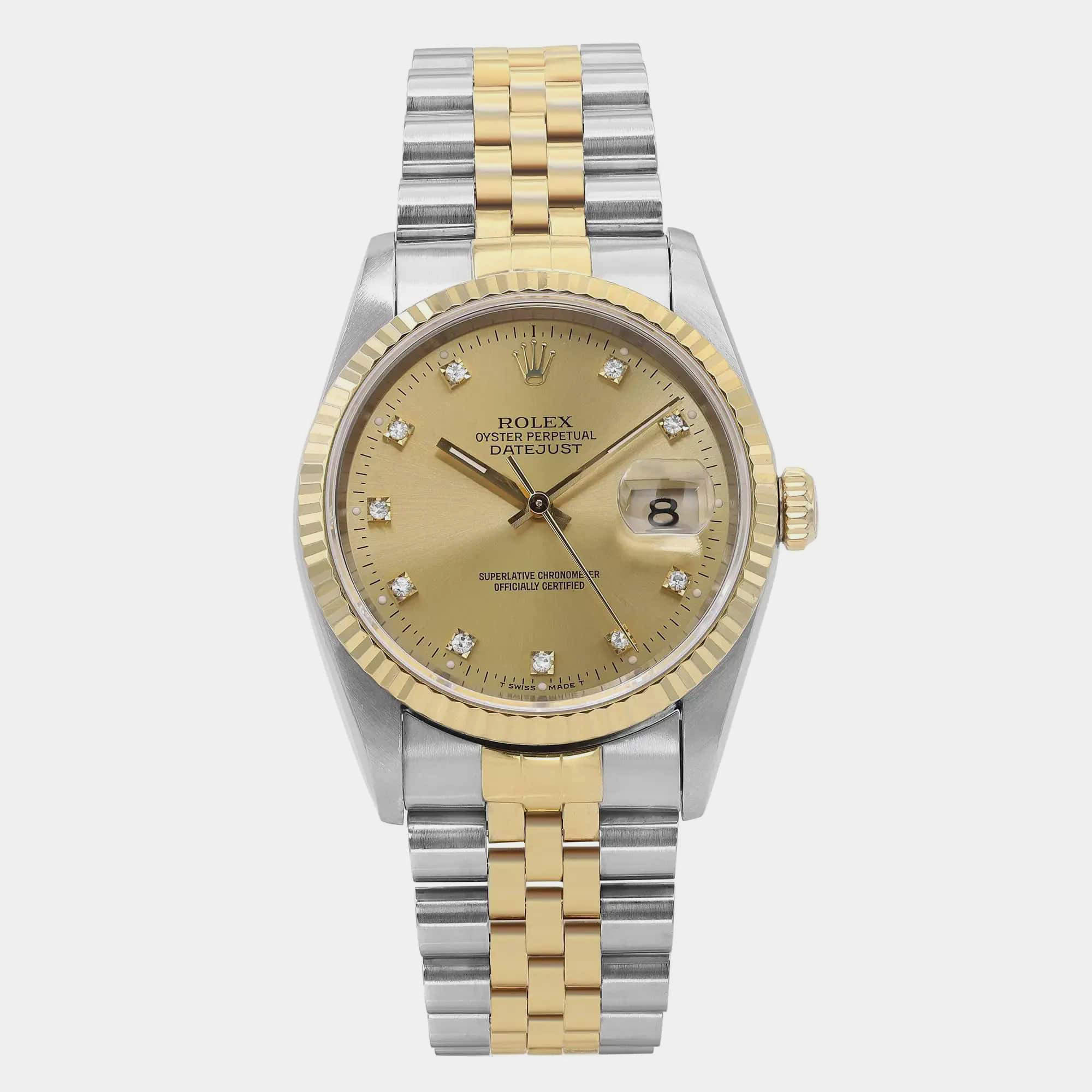Pre Owned Rolex Champagne Diamond 18k Yellow Gold Stainless Steel Datejust 16233 Automatic Men's Wristwatch 36 mm