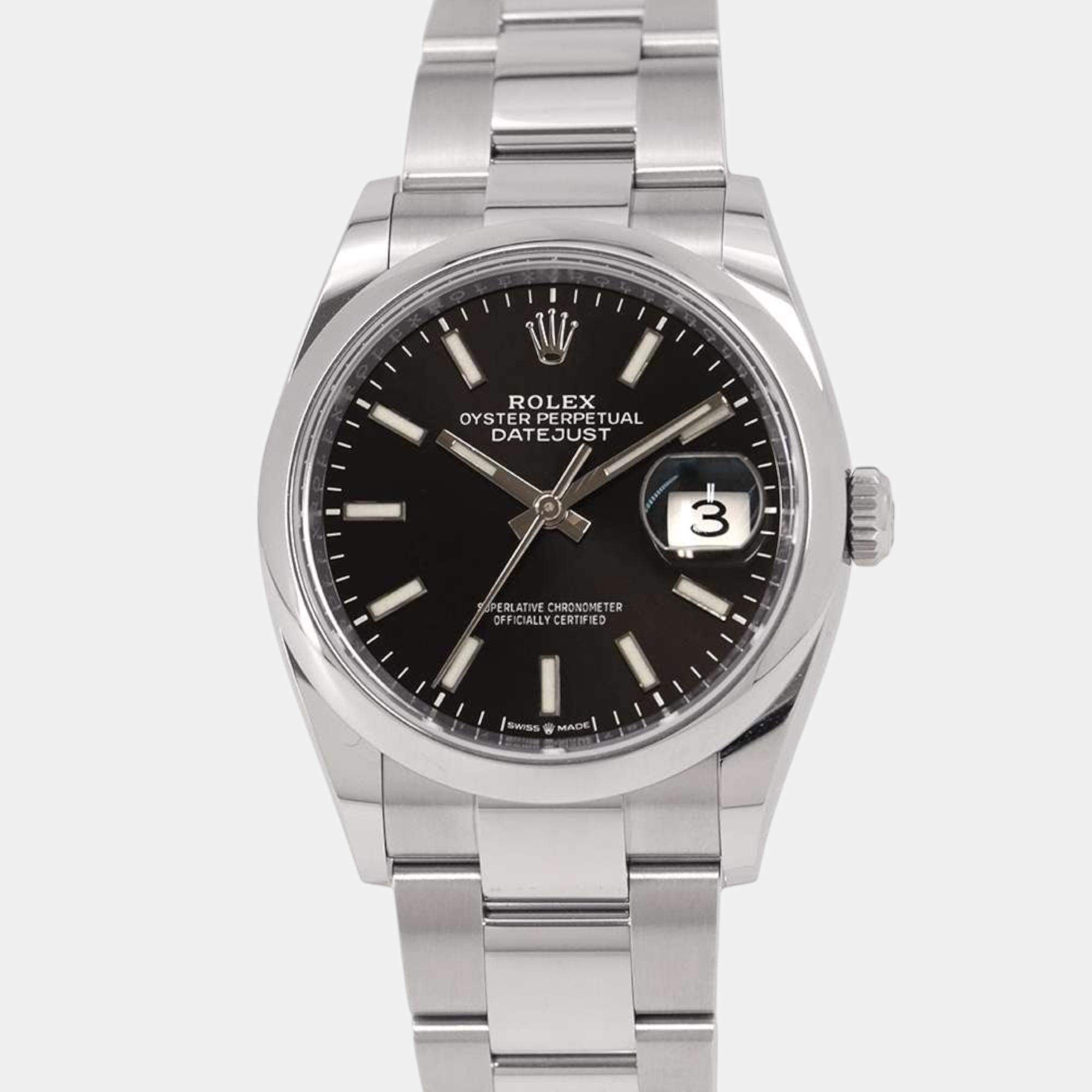 Rolex Black Stainless Steel Datejust 126200 Automatic Men's Wristwatch 36 mm