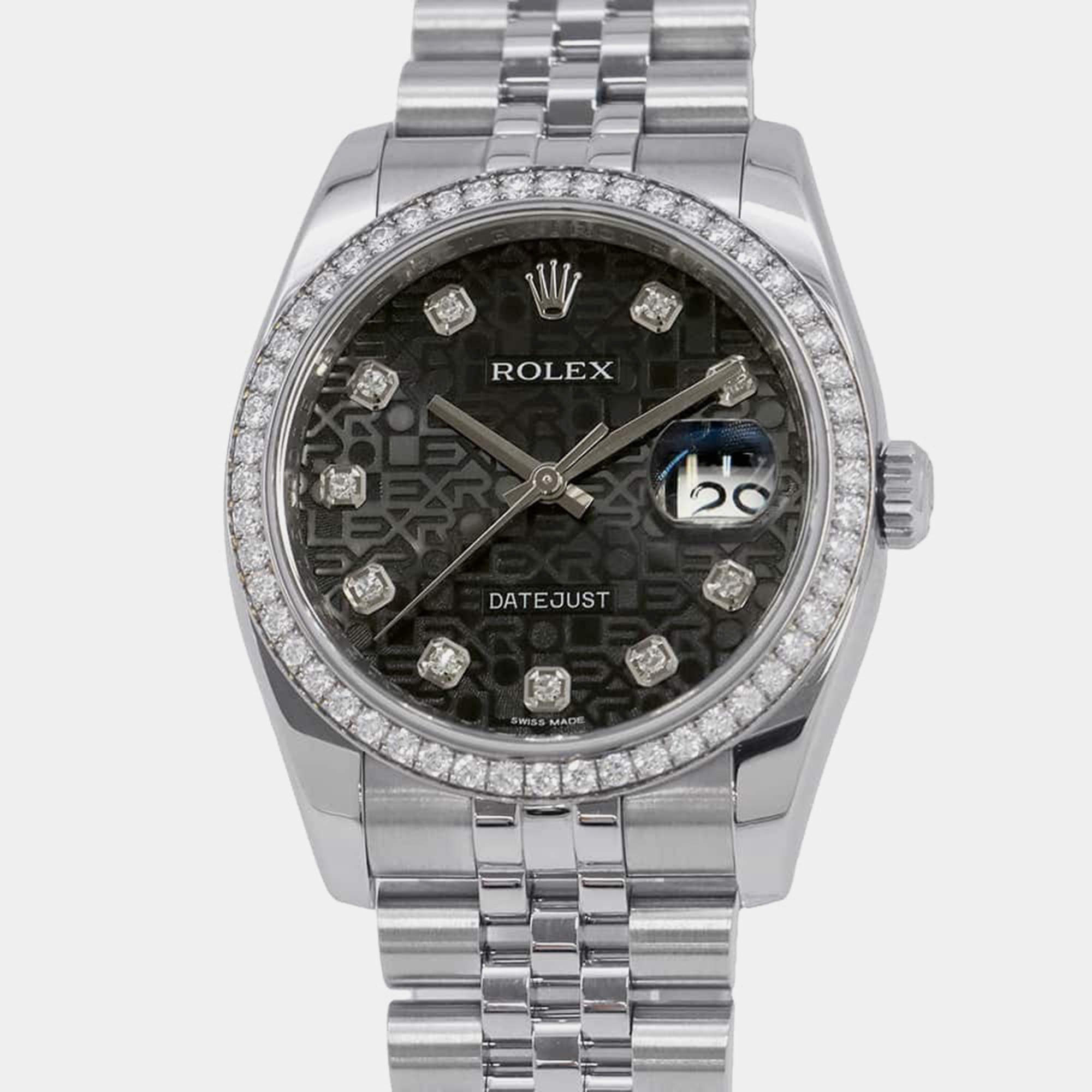Rolex Black Diamond 18k White Gold Stainless Steel Datejust Automatic Men's Wristwatch 36 mm