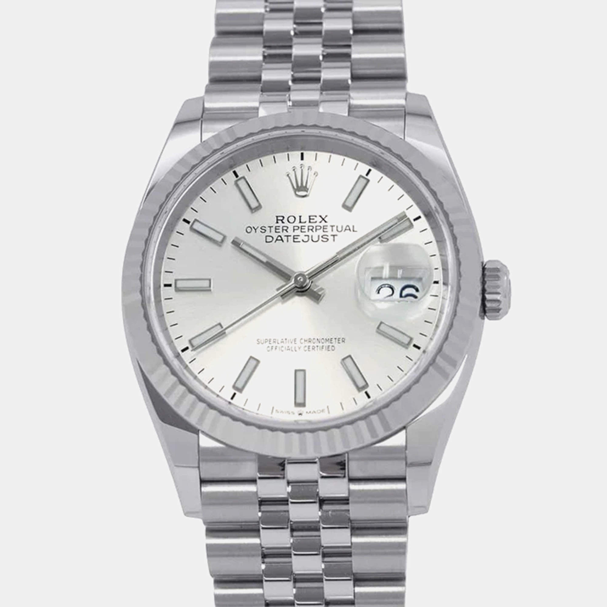 Rolex Silver 18k White Gold Stainless Steel Datejust Automatic Men's Wristwatch 36 mm