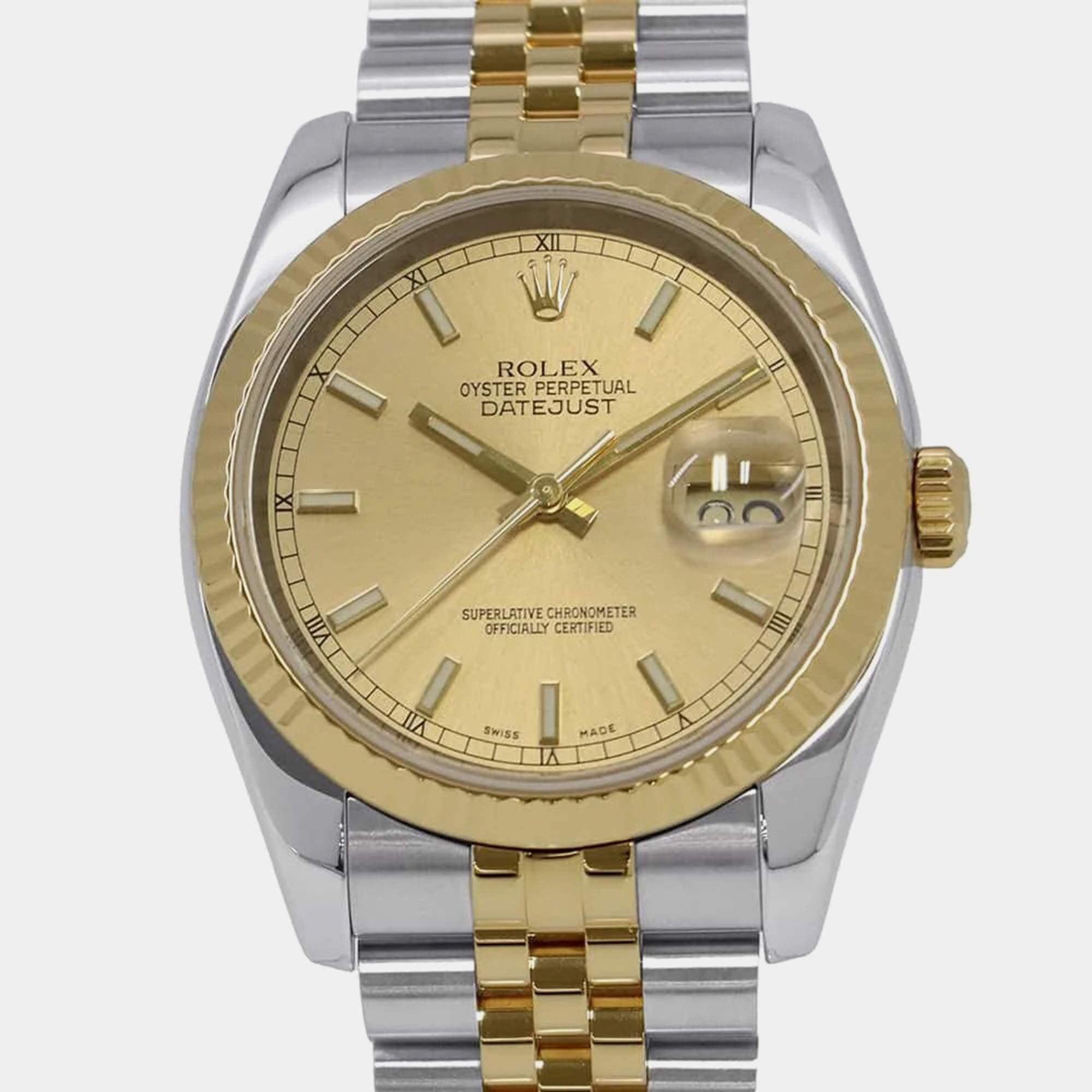 Rolex Champagne 18k Yellow Gold Stainless Steel Datejust  Automatic Men's Wristwatch 36 mm
