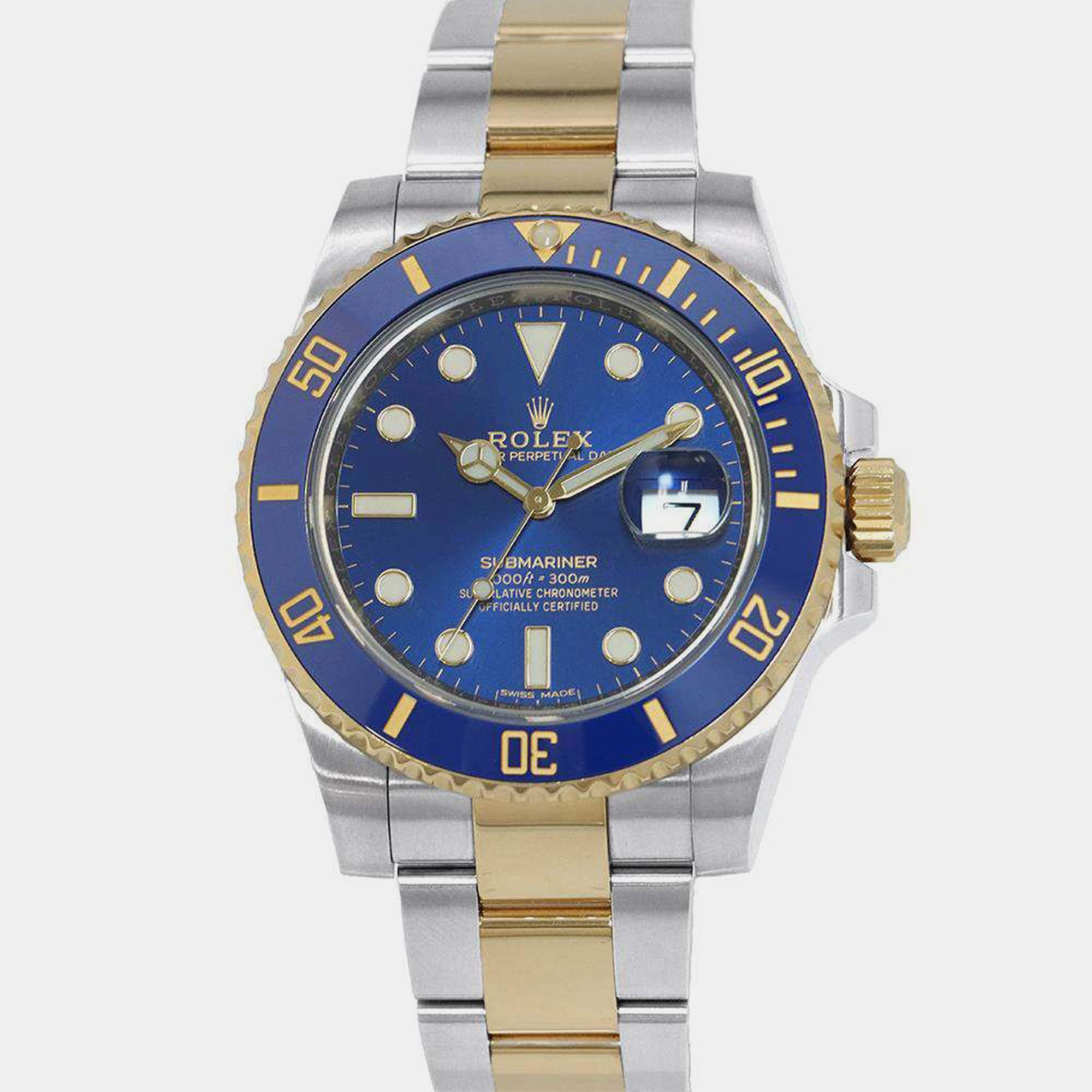 Rolex Blue 18k Yellow Gold Stainless Steel Submariner Automatic Men's Wristwatch 40 mm