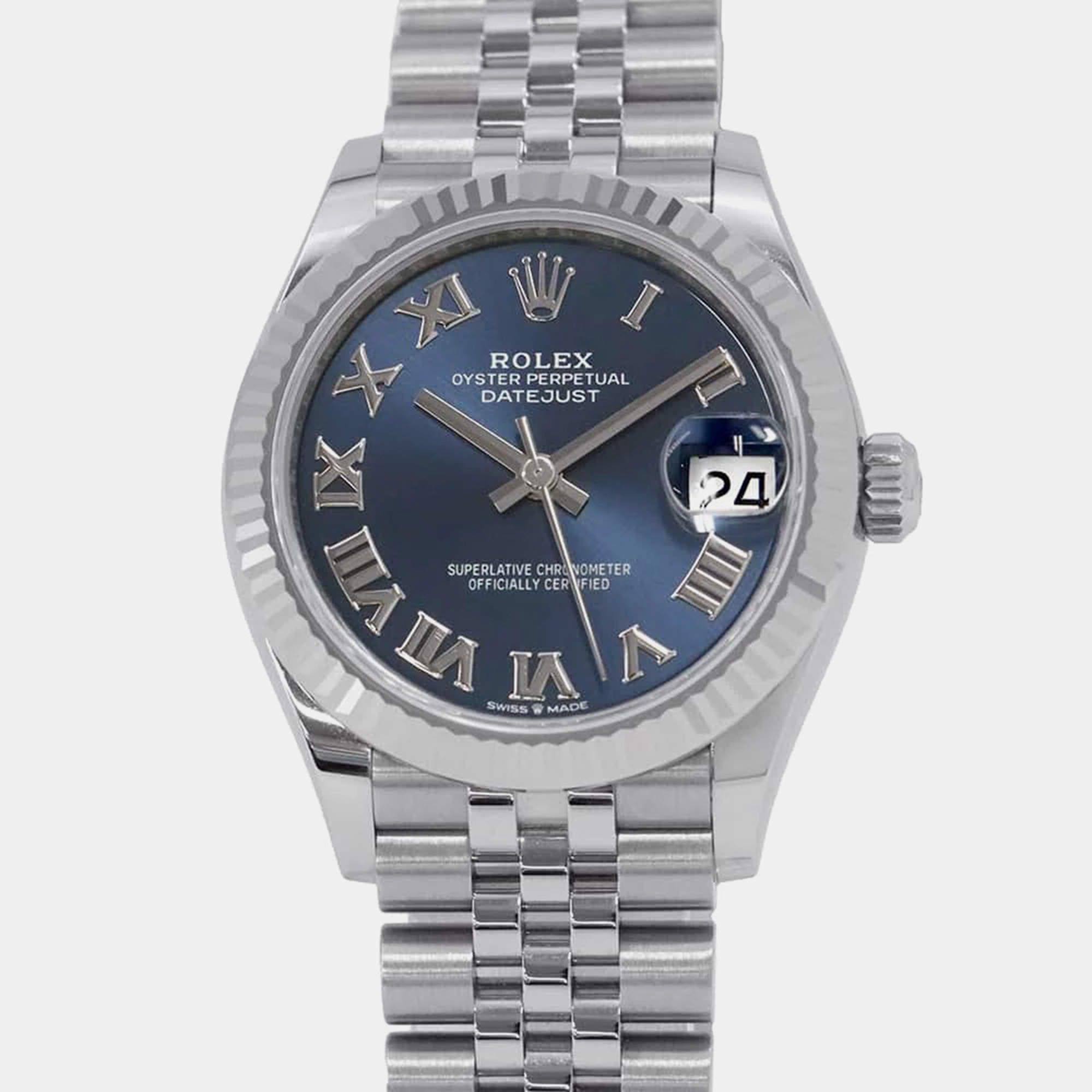 Rolex Blue 18k White Gold Stainless Steel Datejust 278274 Automatic Men's Wristwatch 31 mm