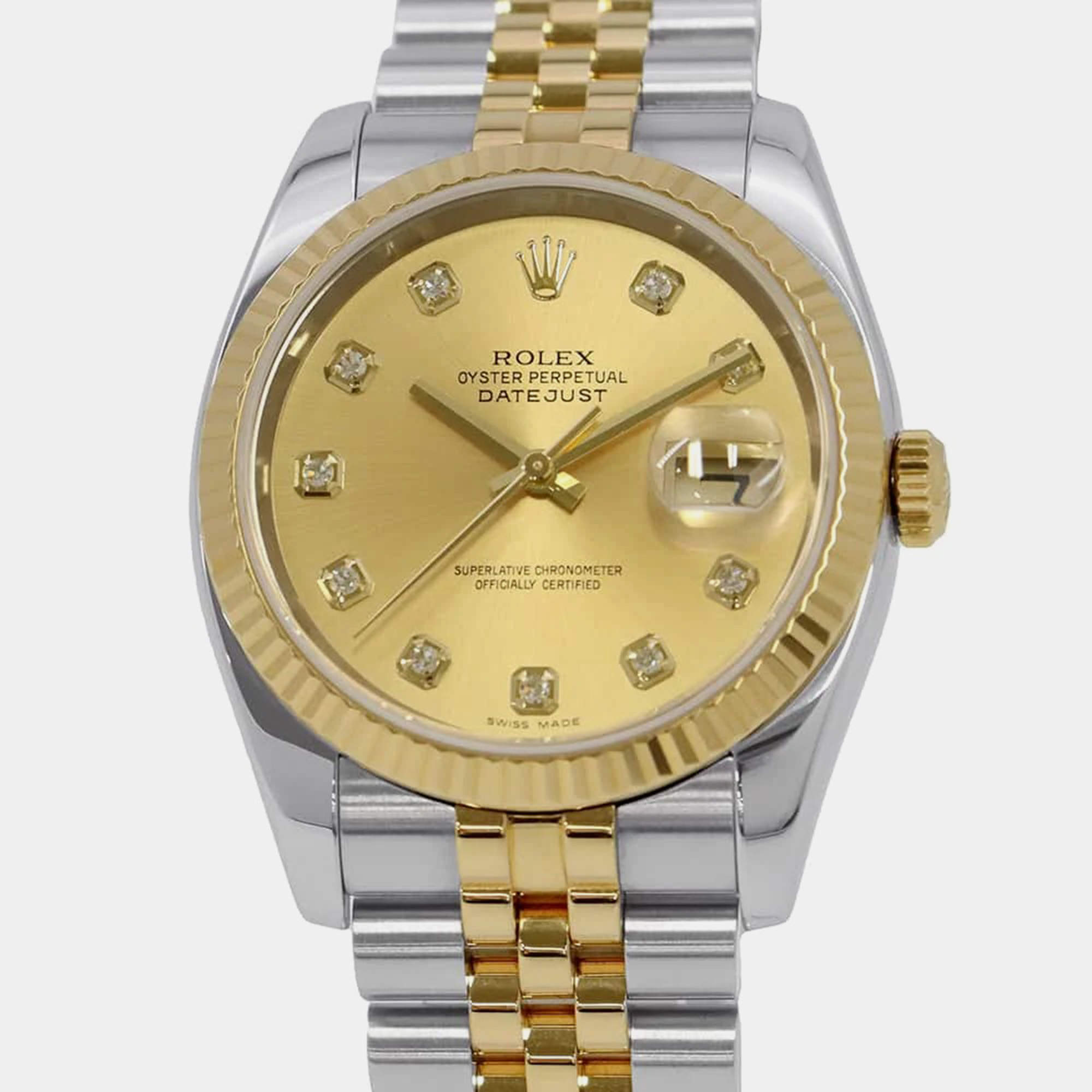 Pre Owned Rolex Champagne 18k Yellow Gold Stainless Steel, Diamond Datejust 116233 Automatic Men's Wristwatch 36 mm