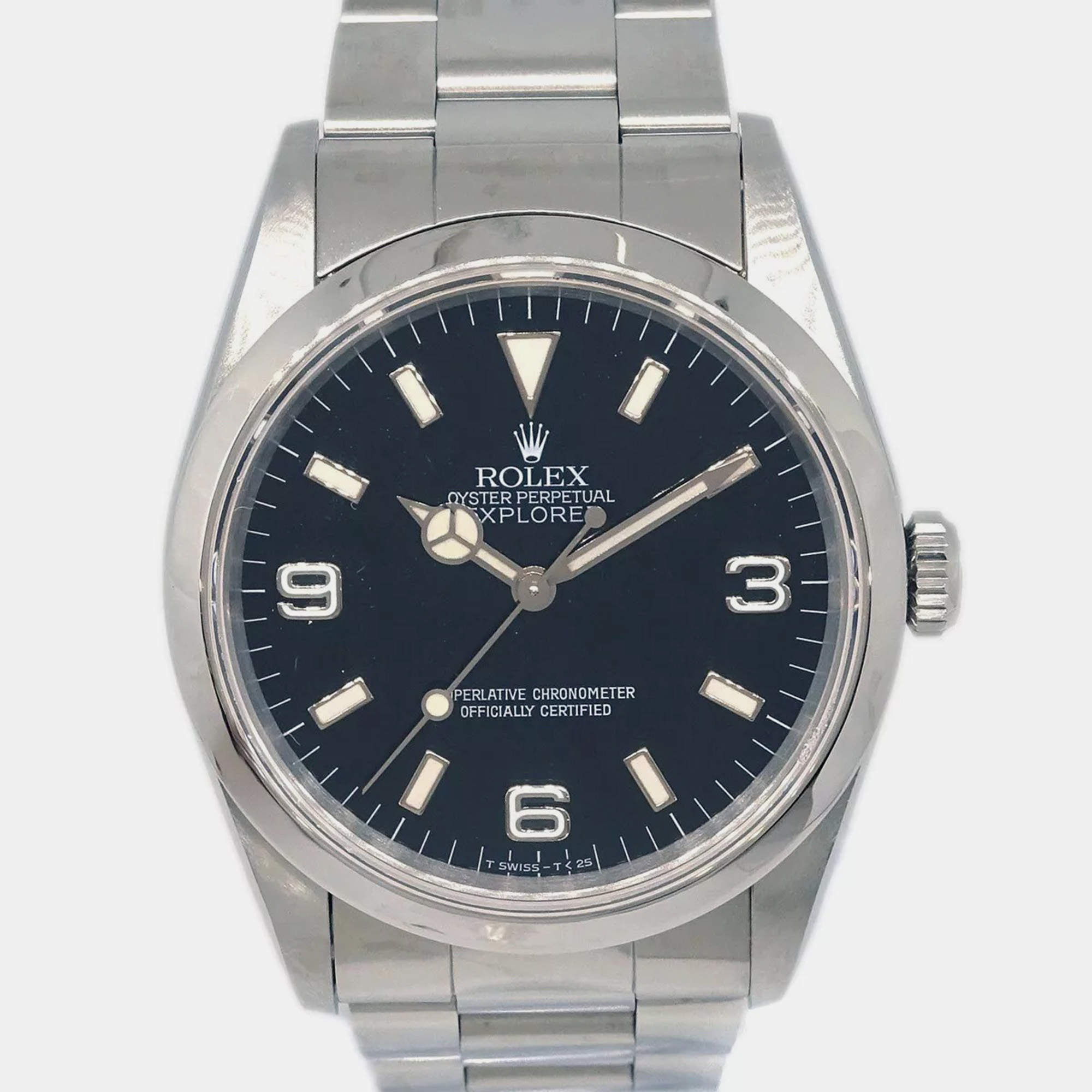 Rolex Black Stainless Steel Explorer 14270 Automatic Men's Wristwatch 36 mm