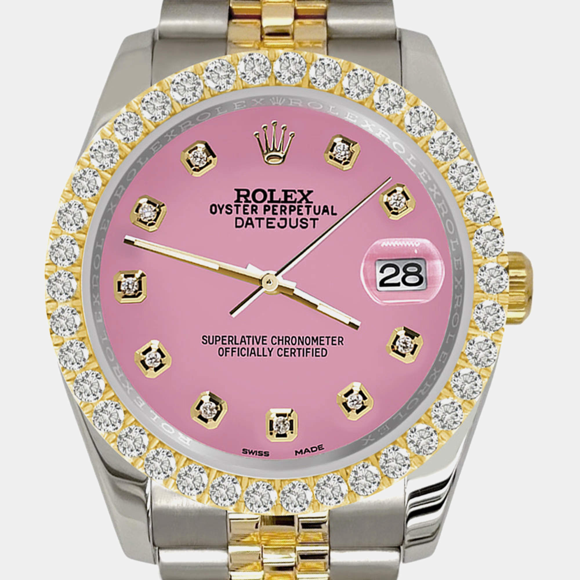Rolex Custom Hot Pink 3.05ct Diamonds 18K Yellow Gold Stainless Steel Datejust 116233 Automatic Men's Wristwatch 36mm