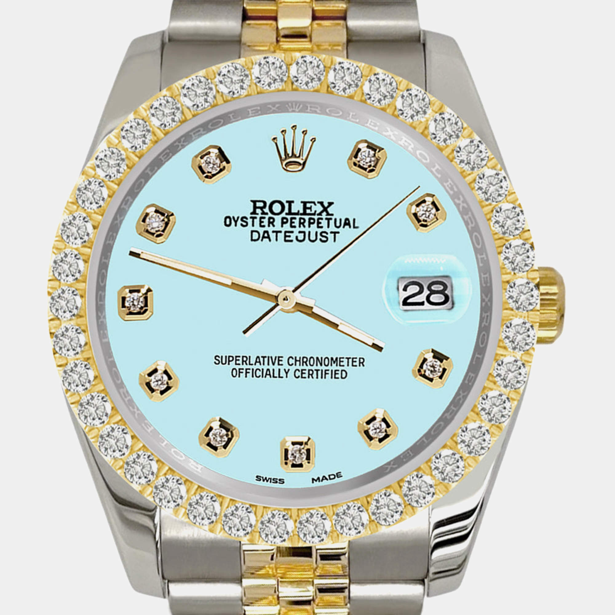Rolex Custom Aqua Blue 3.05ct Diamonds 18K Yellow Gold Stainless Steel Datejust 116233 Automatic Men's Wristwatch 36mm