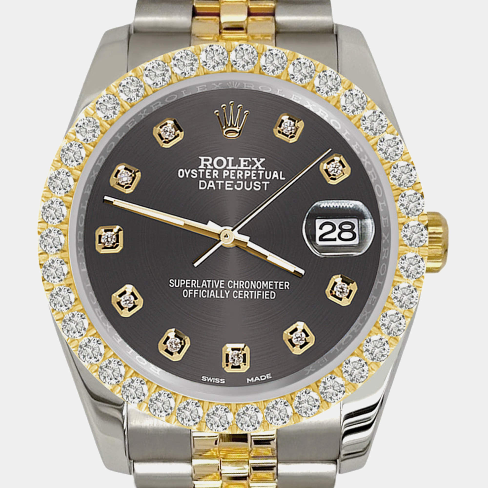 Rolex Custom Rhodium Gray 3.05ct Diamonds 18K Yellow Gold Stainless Steel Datejust 116233 Automatic Men's Wristwatch 36mm