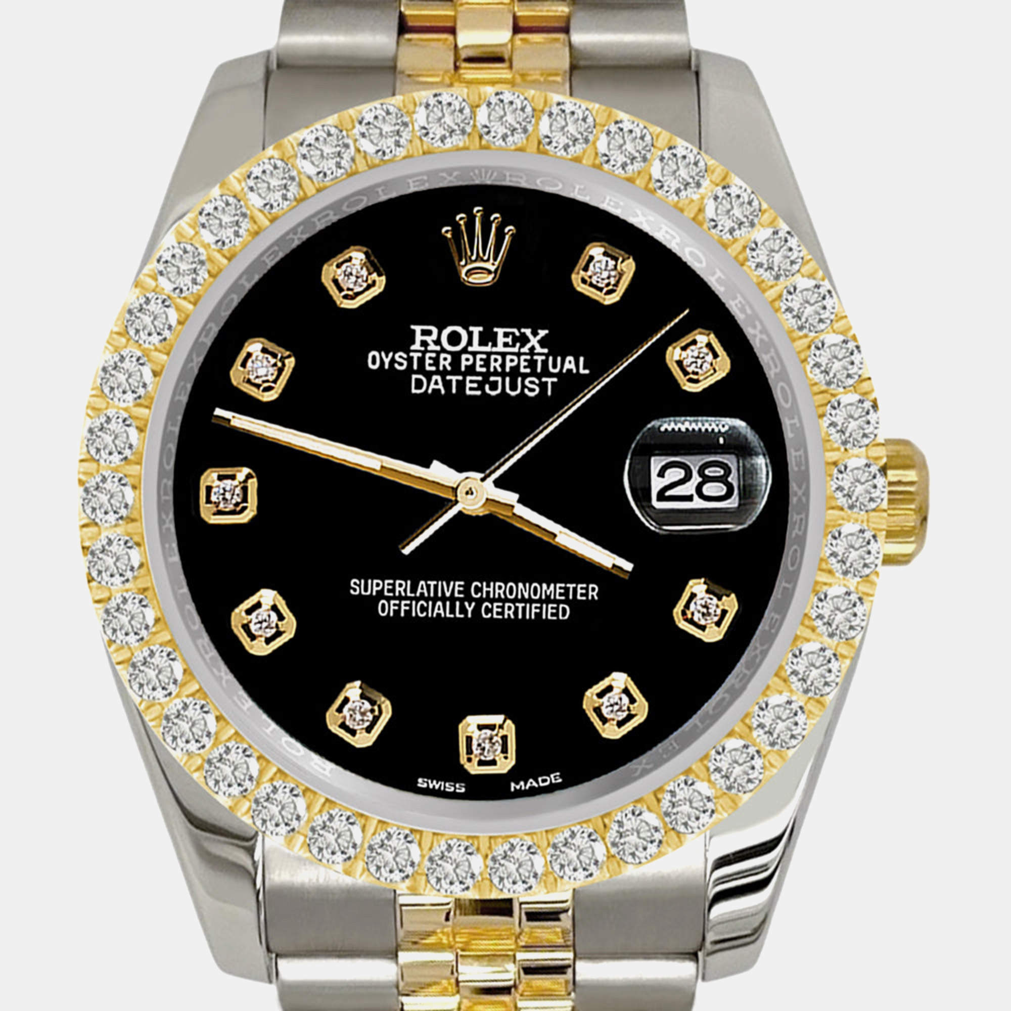 Rolex Custom Black 3.05ct Diamonds 18K Yellow Gold Stainless Steel Datejust 116233 Automatic Men's Wristwatch 36mm