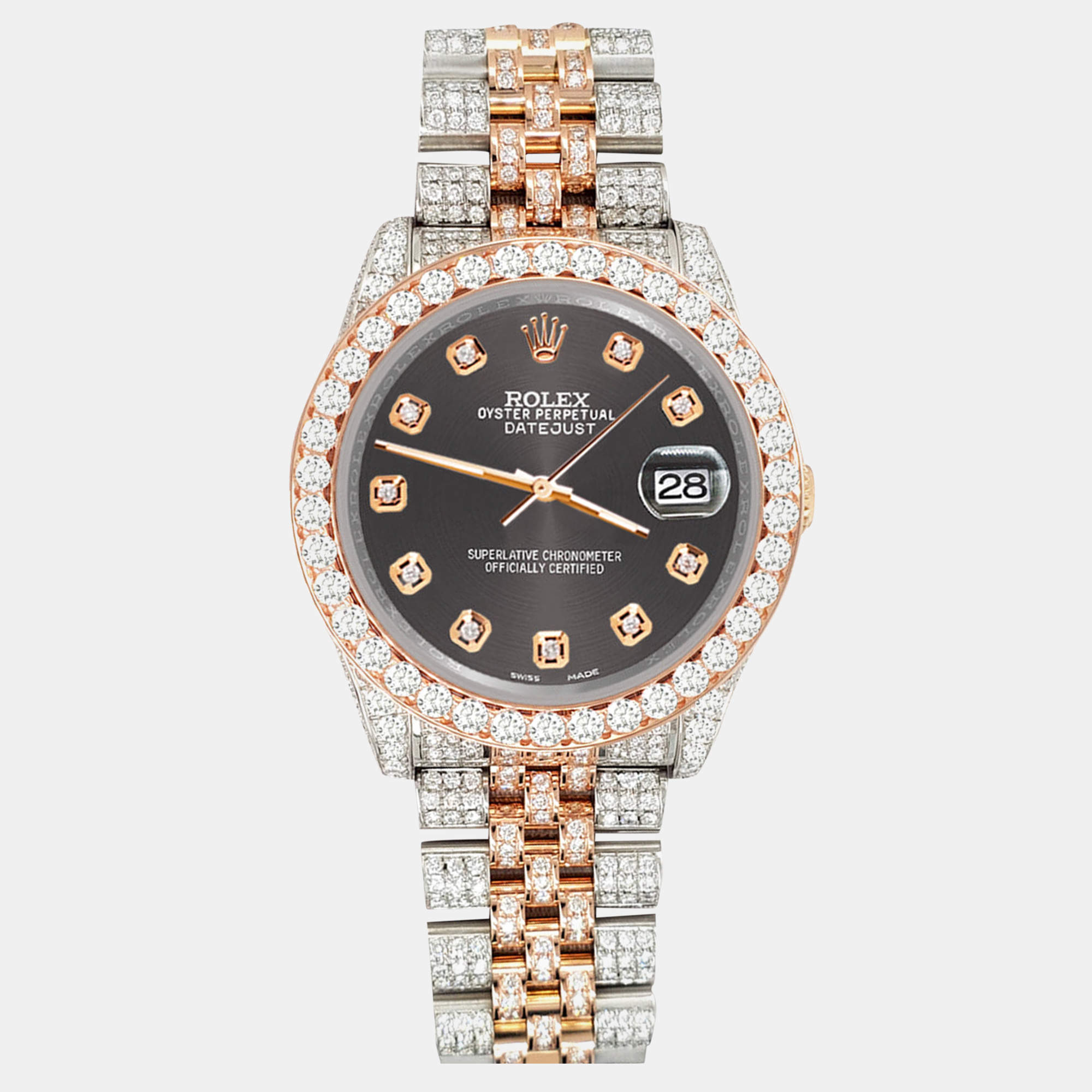 Rolex Custom Rhodium Gray 10.75ct Diamonds 18K Rose Gold Stainless Steel Datejust 116231 Automatic Men's Wristwatch 36mm