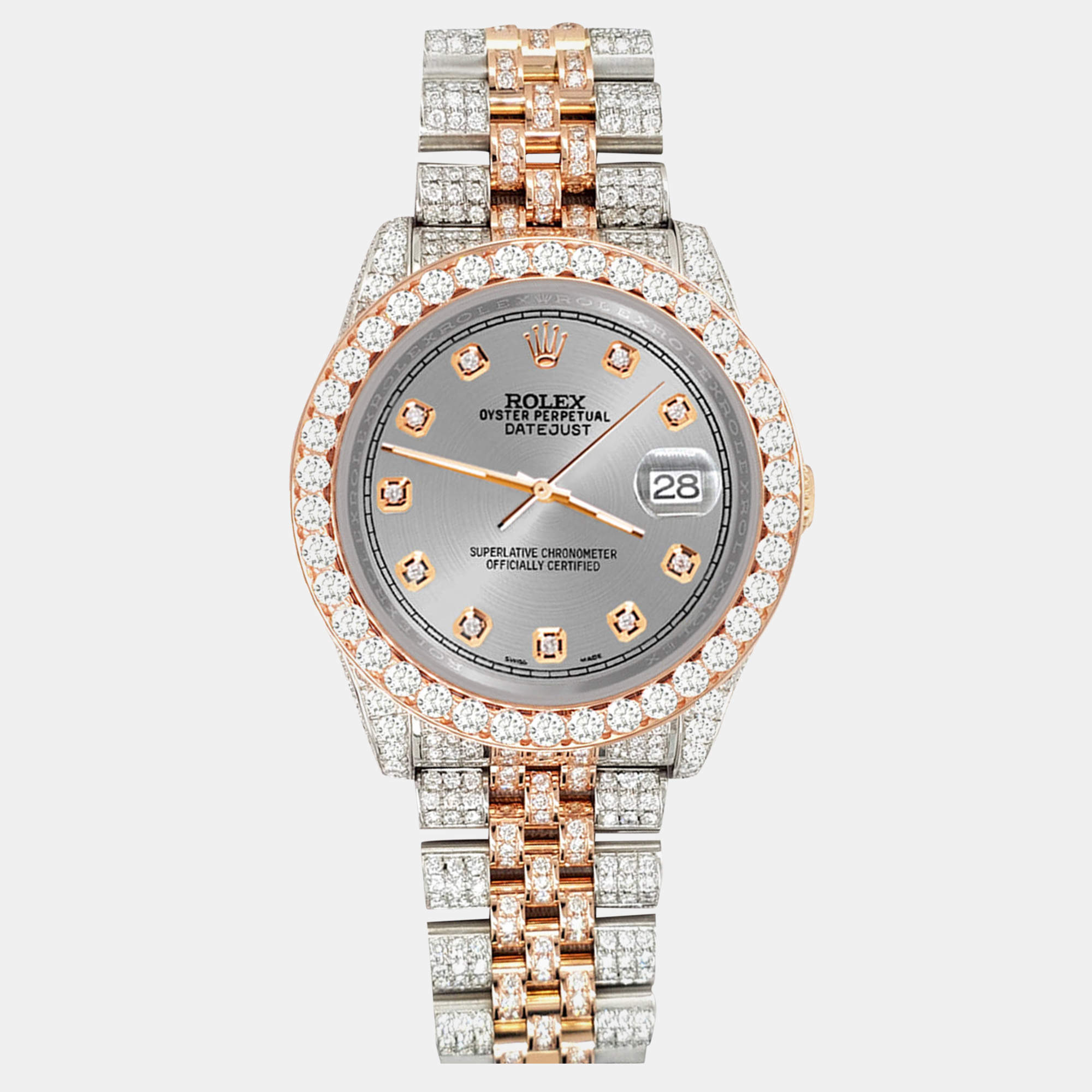Rolex Custom Gray 10.75ct Diamonds 18K Rose Gold Stainless Steel Datejust 116231 Automatic Men's Wristwatch 36mm