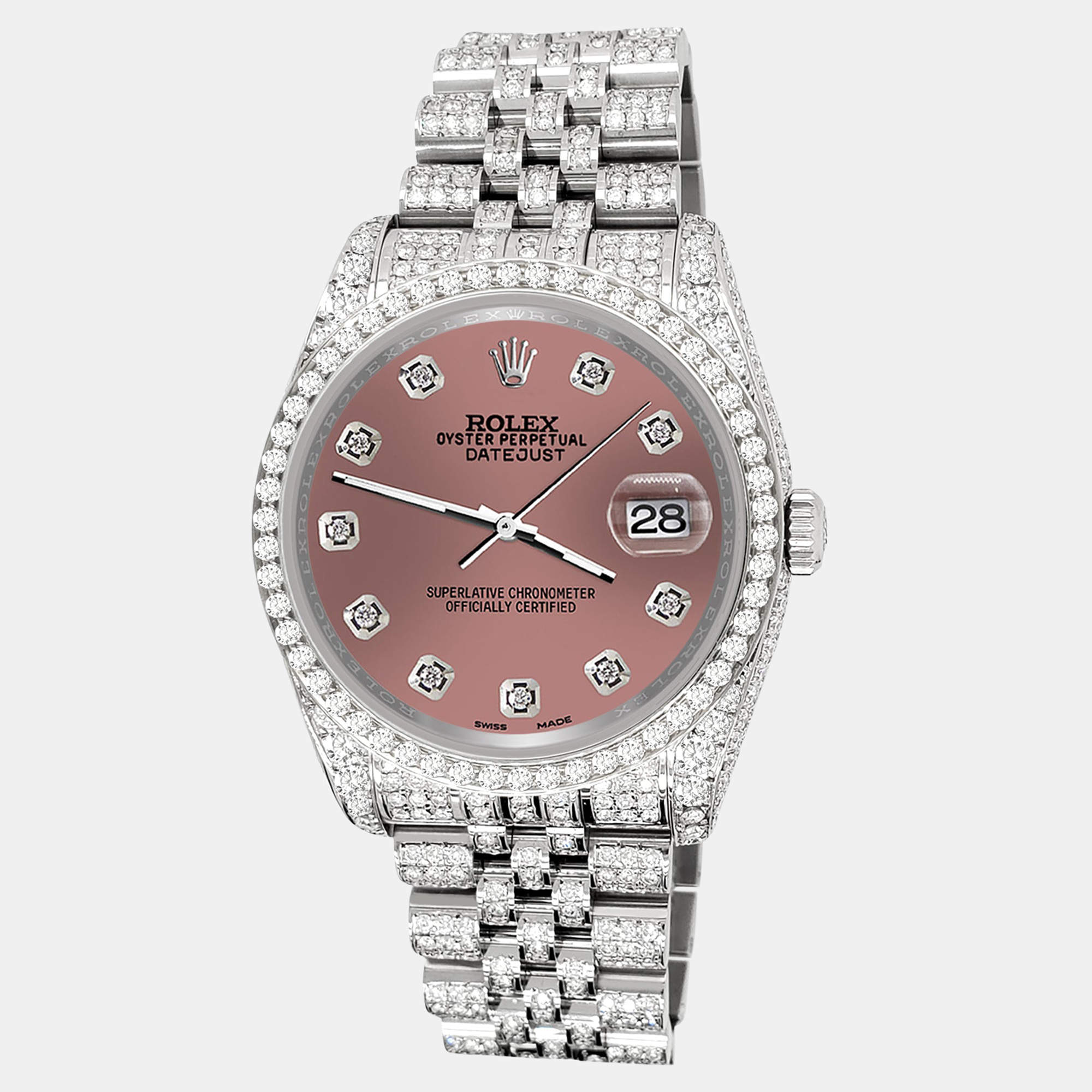 Rolex Custom Salmon 10.2ct Diamonds Stainless Steel Datejust 116200 Automatic Men's Wristwatch 36mm