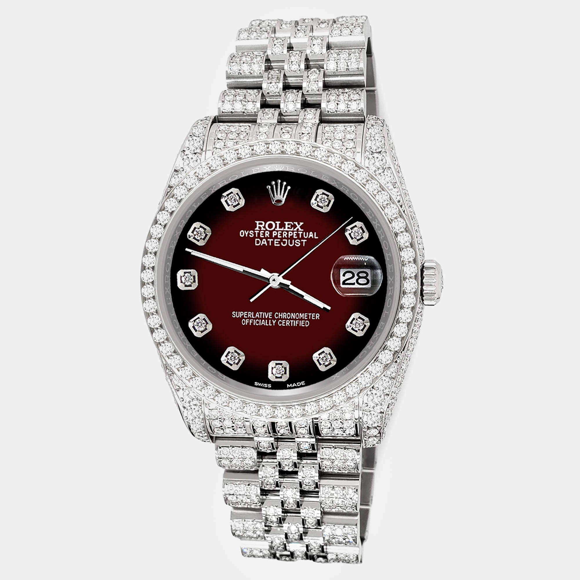 Rolex Custom Maroon Vignette 10.2ct Diamonds Stainless Steel Datejust 116200 Automatic Men's Wristwatch 36mm