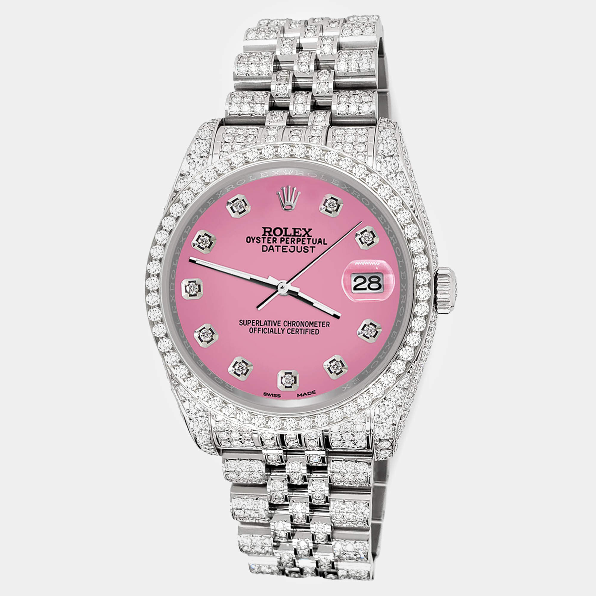 Rolex Custom Hot Pink 10.2ct Diamonds Stainless Steel Datejust 116200 Automatic Men's Wristwatch 36mm