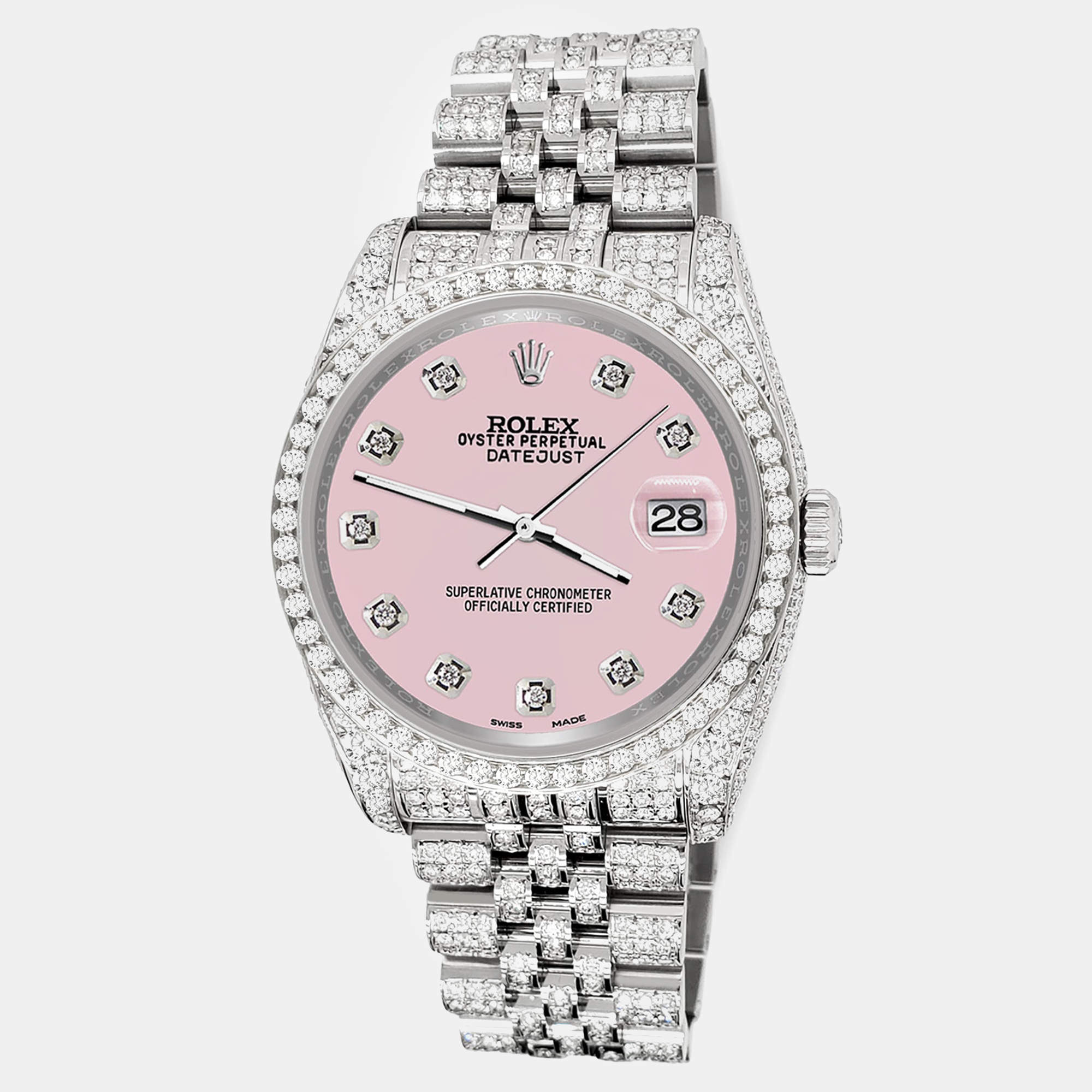 Rolex Custom Orchid Pink 10.2ct Diamonds Stainless Steel Datejust 116200 Automatic Men's Wristwatch 36mm