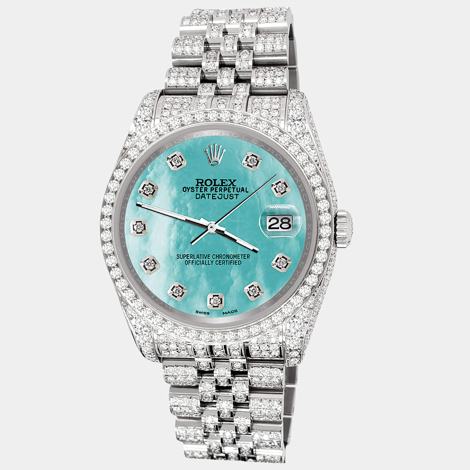 Rolex Custom Aquamarine 10.2ct Diamonds Stainless Steel Datejust 116200 Automatic Men's Wristwatch 36mm
