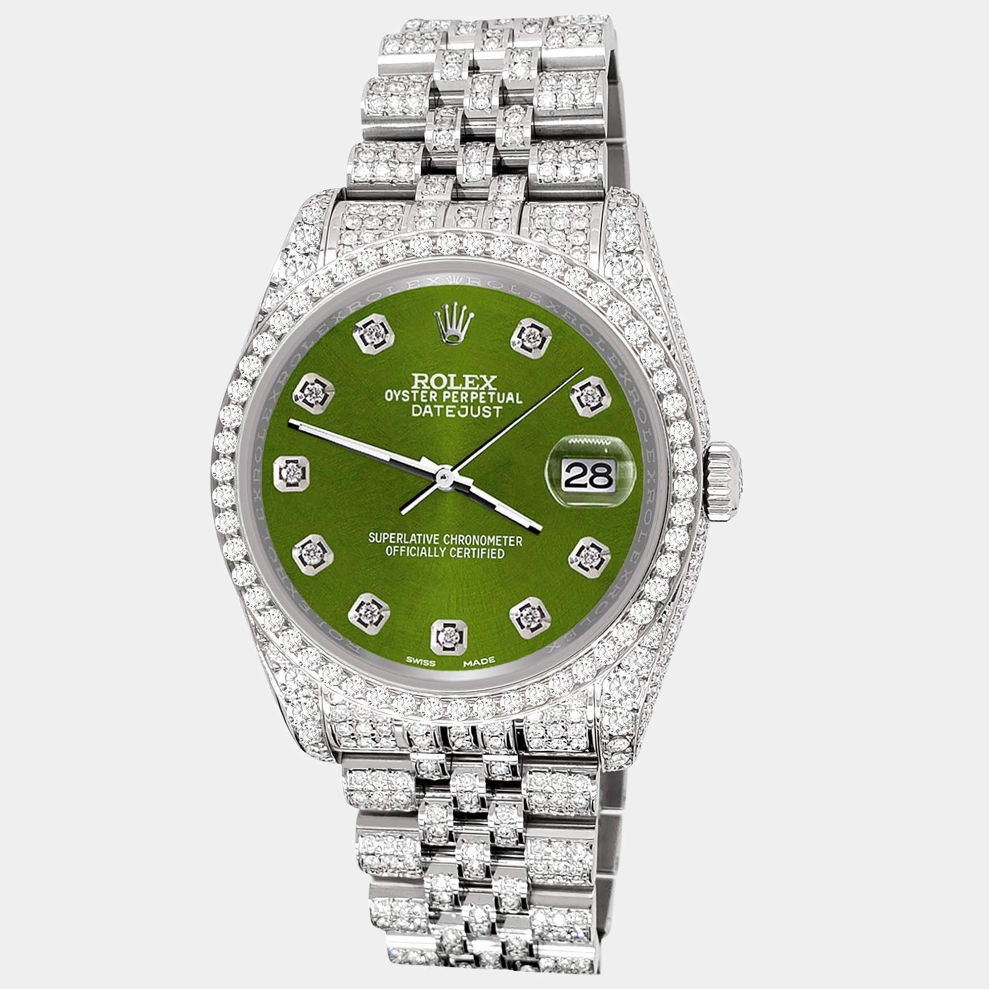 Rolex Custom Royal Green 10.2ct Diamonds Stainless Steel Datejust 116200 Automatic Men's Wristwatch 36mm