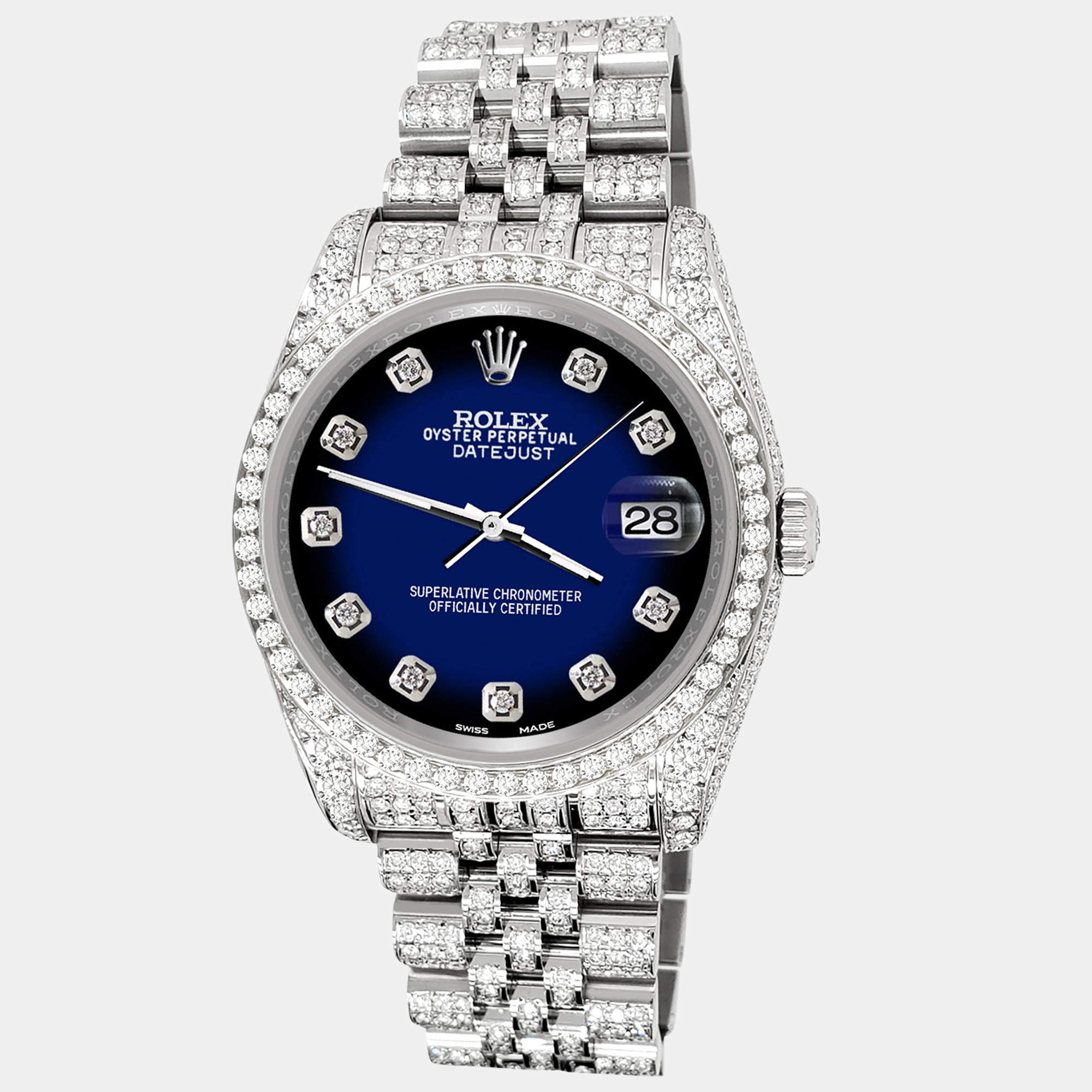 Rolex Custom Blue Vignette 10.2ct Diamonds Stainless Steel Datejust 116200 Automatic Men's Wristwatch 36mm