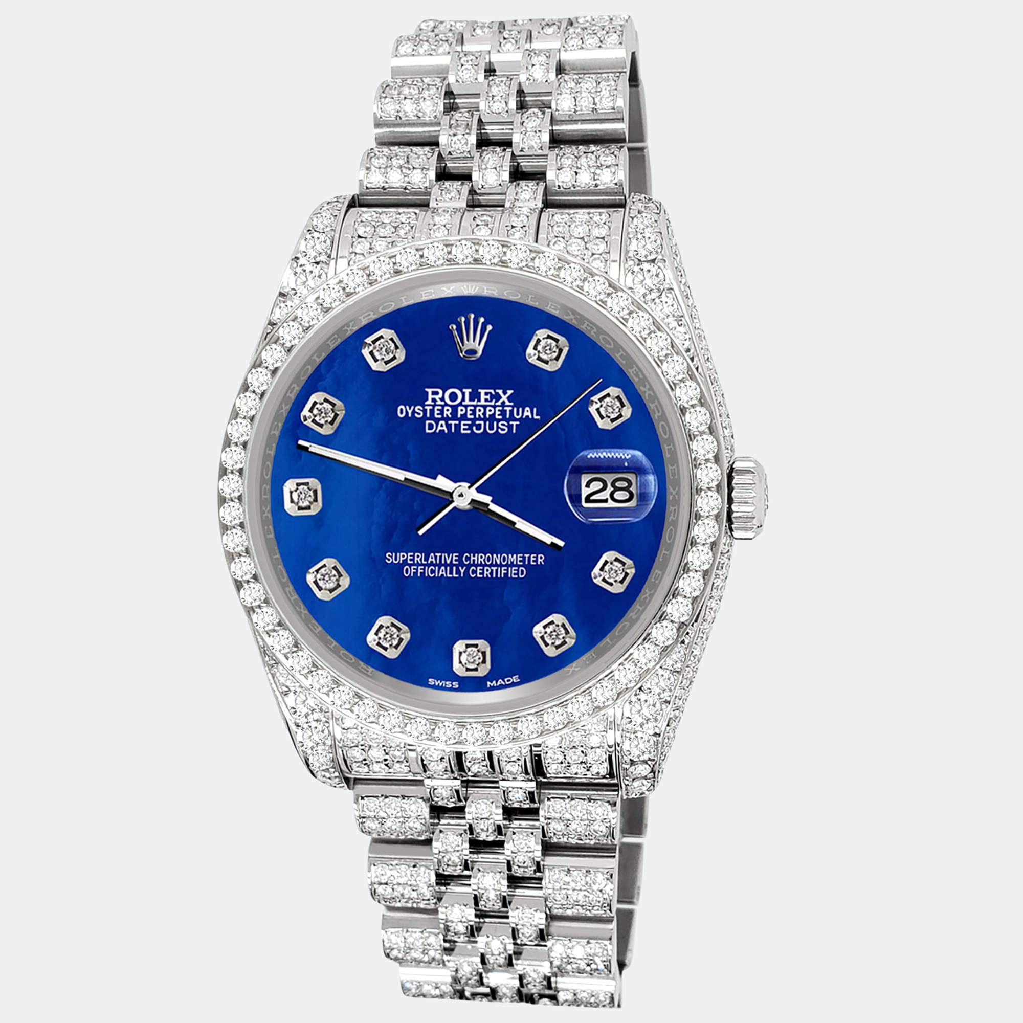 Rolex Custom Royal Blue 10.2ct Diamonds Stainless Steel Datejust 116200 Automatic Men's Wristwatch 36mm