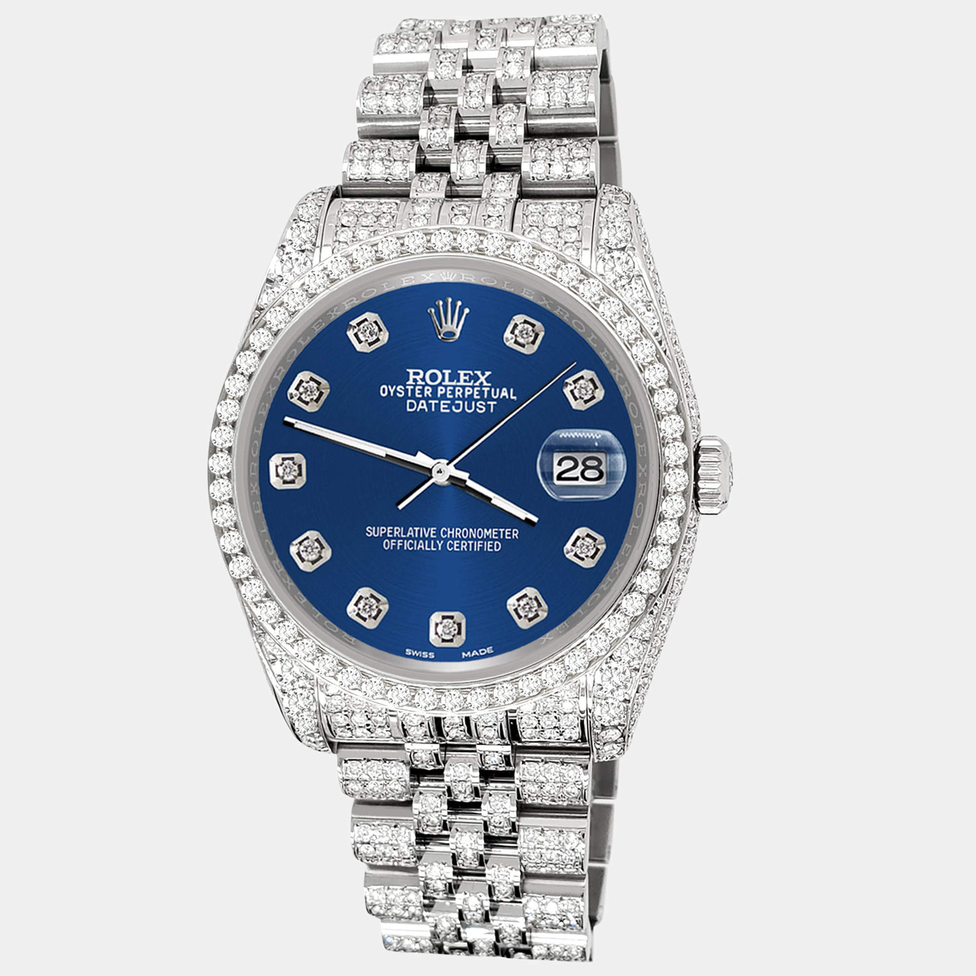 Rolex Custom Cobalt Blue 10.2ct Diamonds Stainless Steel Datejust 116200 Automatic Men's Wristwatch 36mm