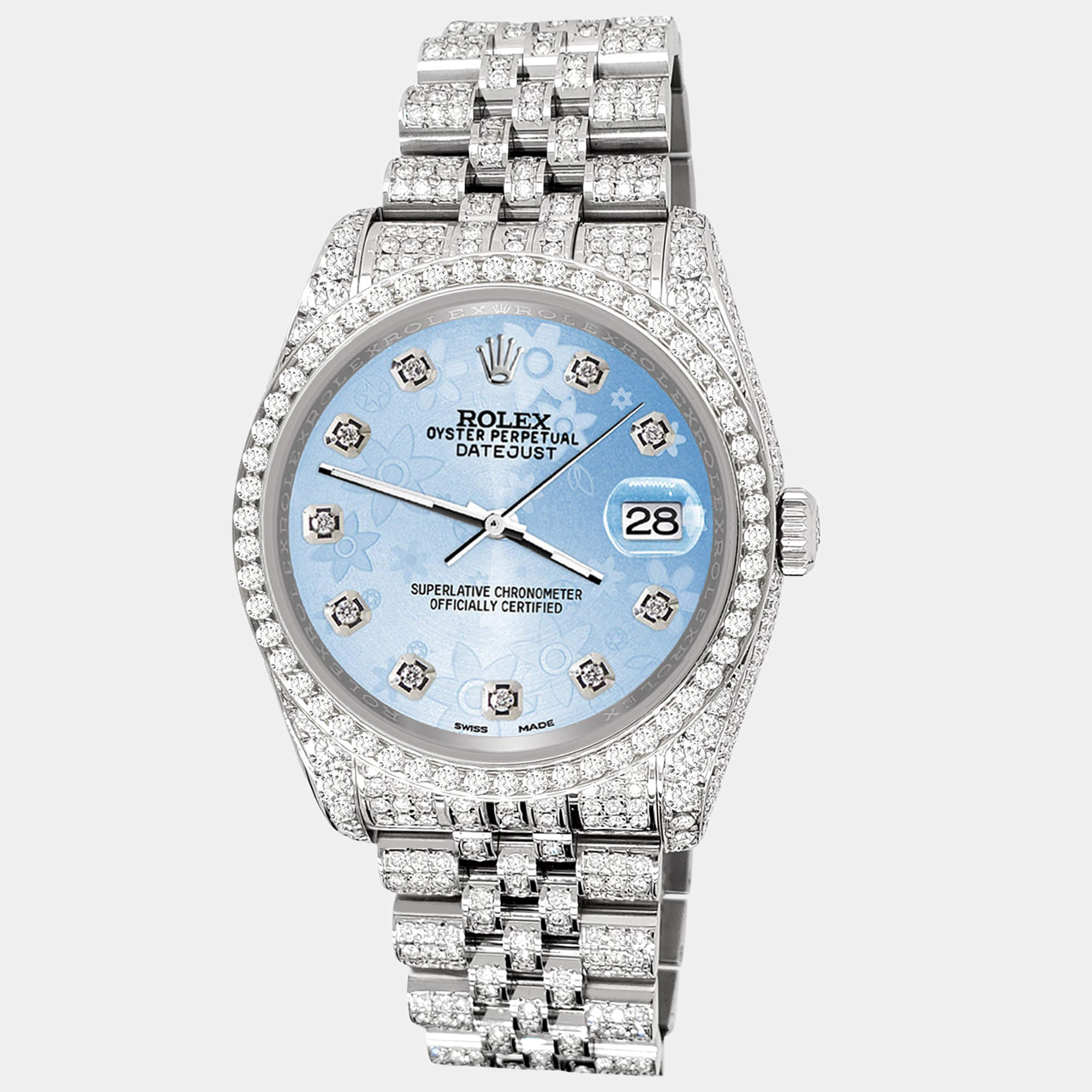 Rolex Custom Blue Flower 10.2ct Diamonds Stainless Steel Datejust 116200 Automatic Men's Wristwatch 36mm