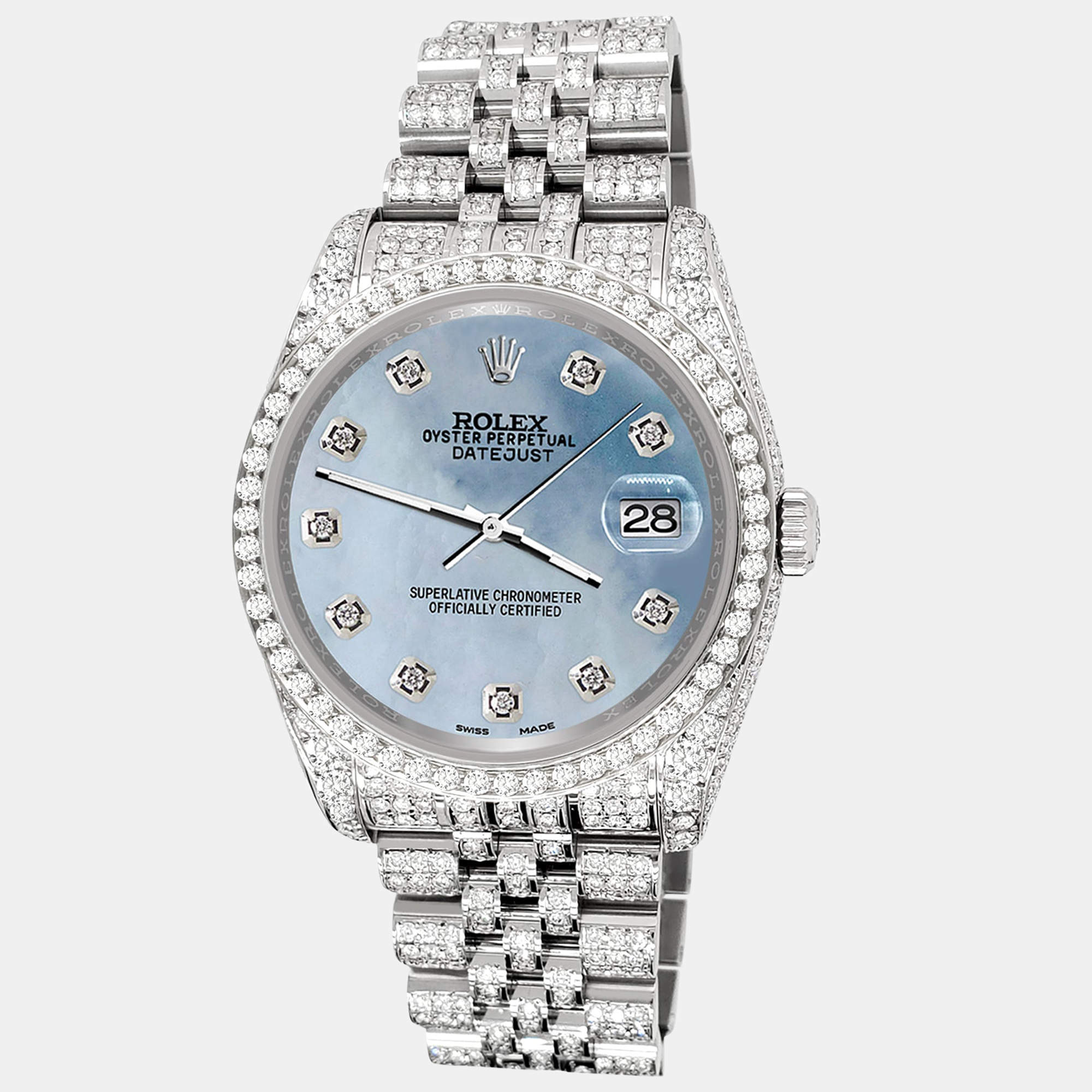 Rolex Custom Sky Blue 10.2ct Diamonds Stainless Steel Datejust 116200 Automatic Men's Wristwatch 36mm