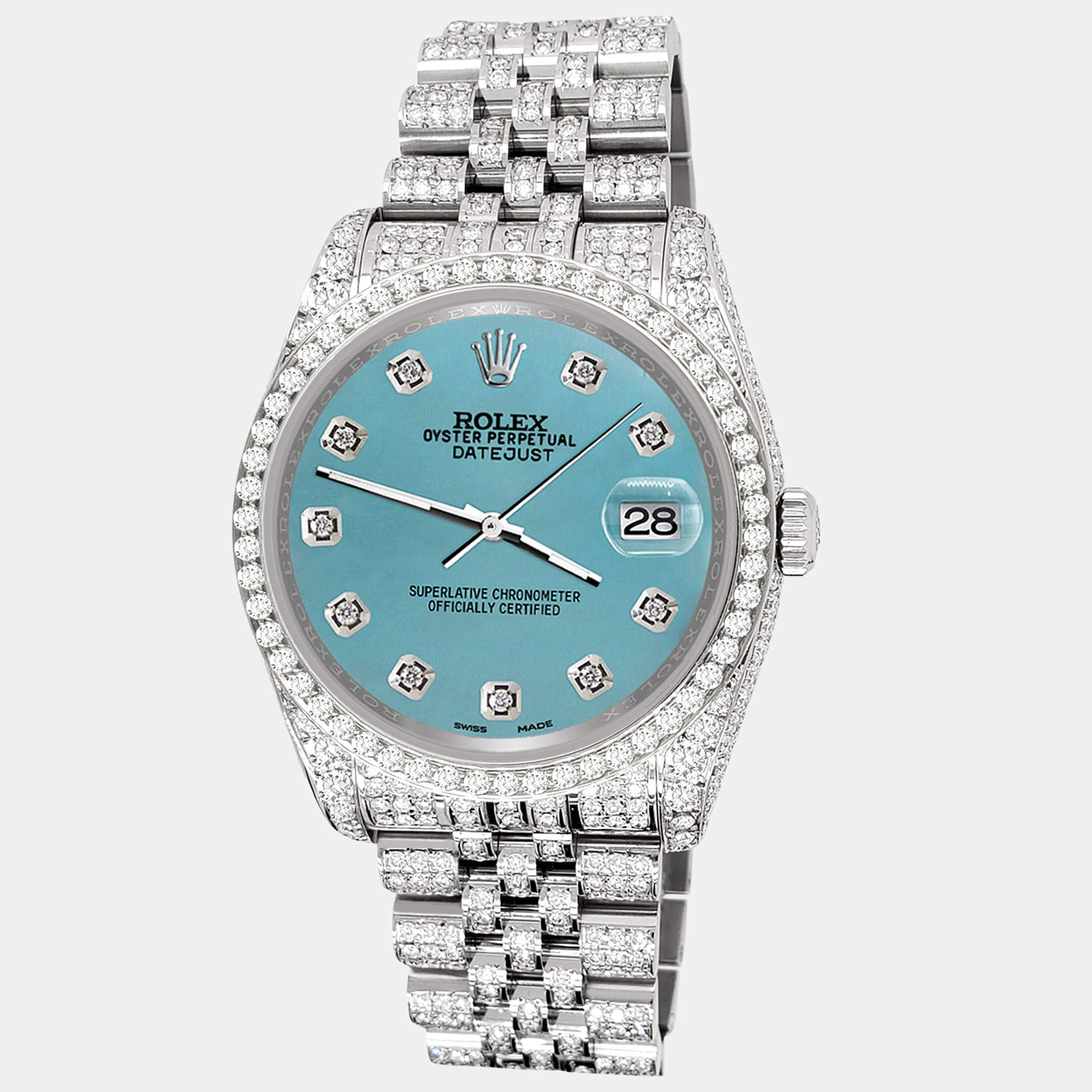 Rolex Custom Turquoise 10.2ct Diamonds Stainless Steel Datejust 116200 Automatic Men's Wristwatch 36mm