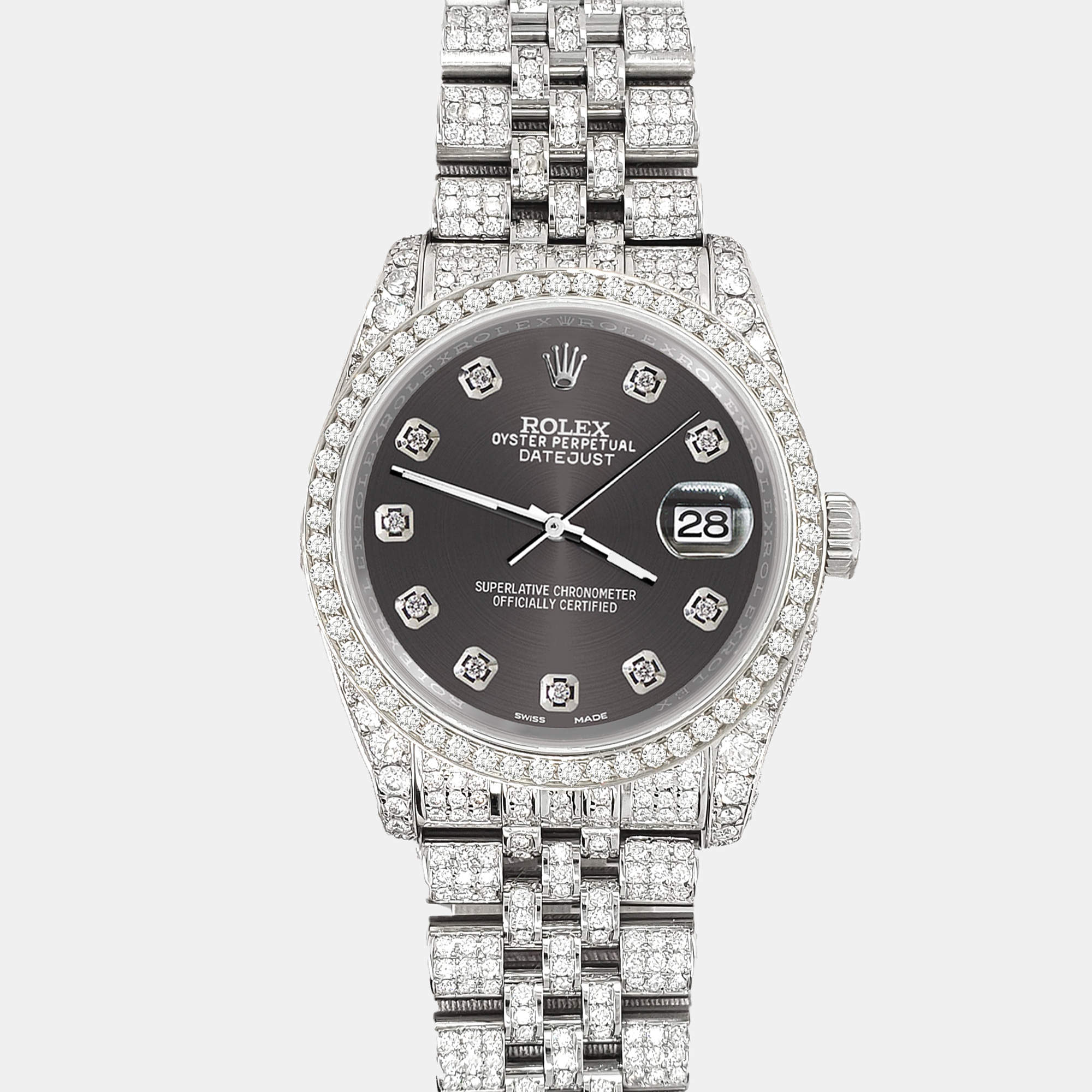 Rolex Custom Rhodium Gray 10.2ct Diamonds Stainless Steel Datejust 116200 Automatic Men's Wristwatch 36mm