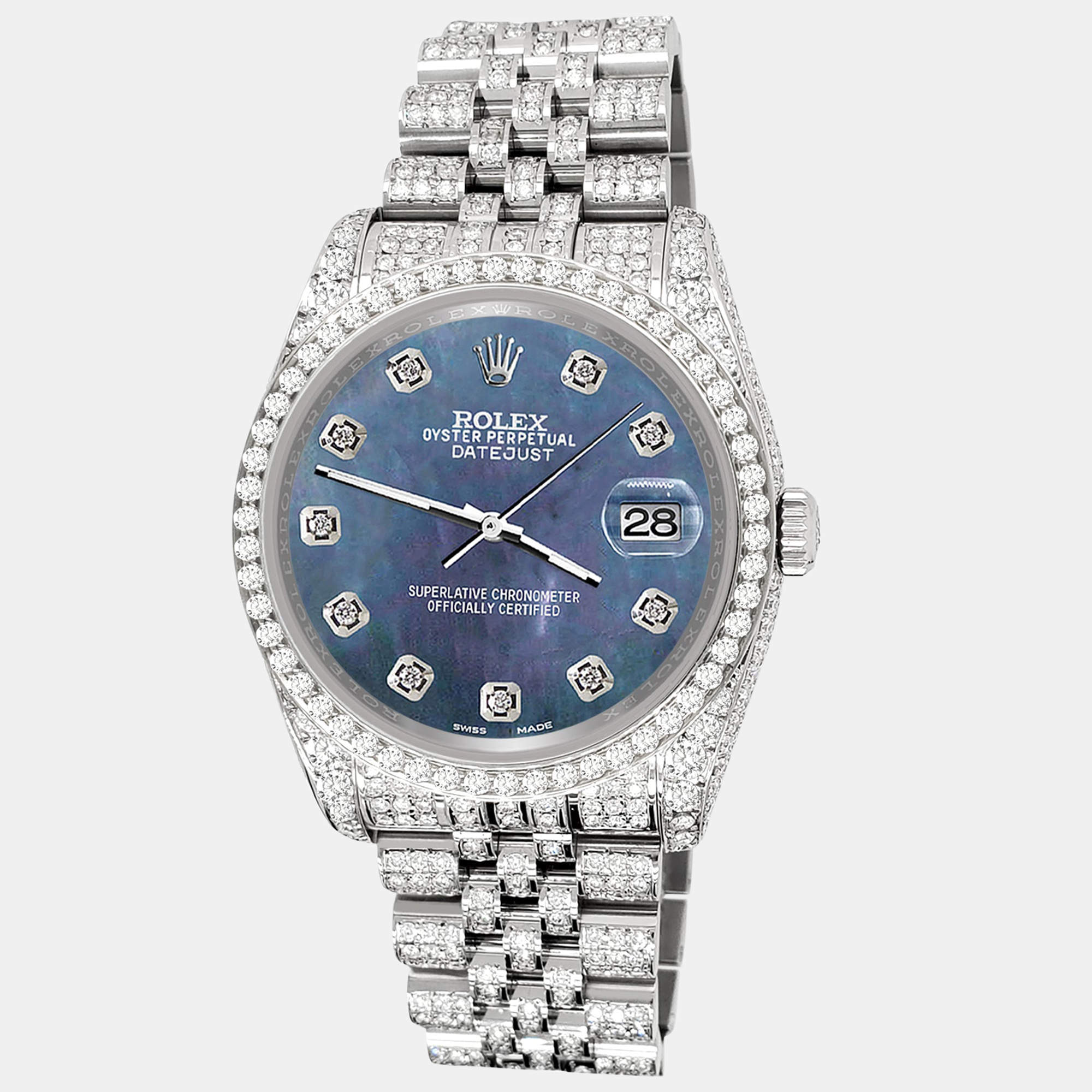 Rolex Custom Black 10.2ct Diamonds Stainless Steel Datejust 116200 Automatic Men's Wristwatch 36mm