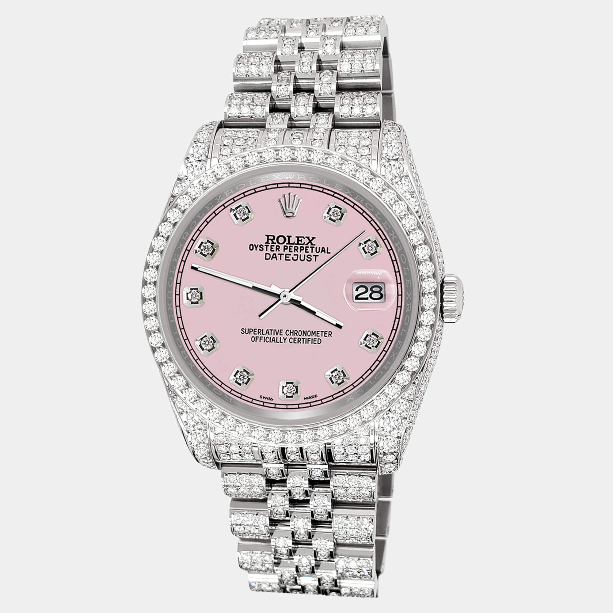Rolex Custom Orchid Pink 10.2ct Diamonds Stainless Steel Datejust 116200 Automatic Men's Wristwatch 36mm