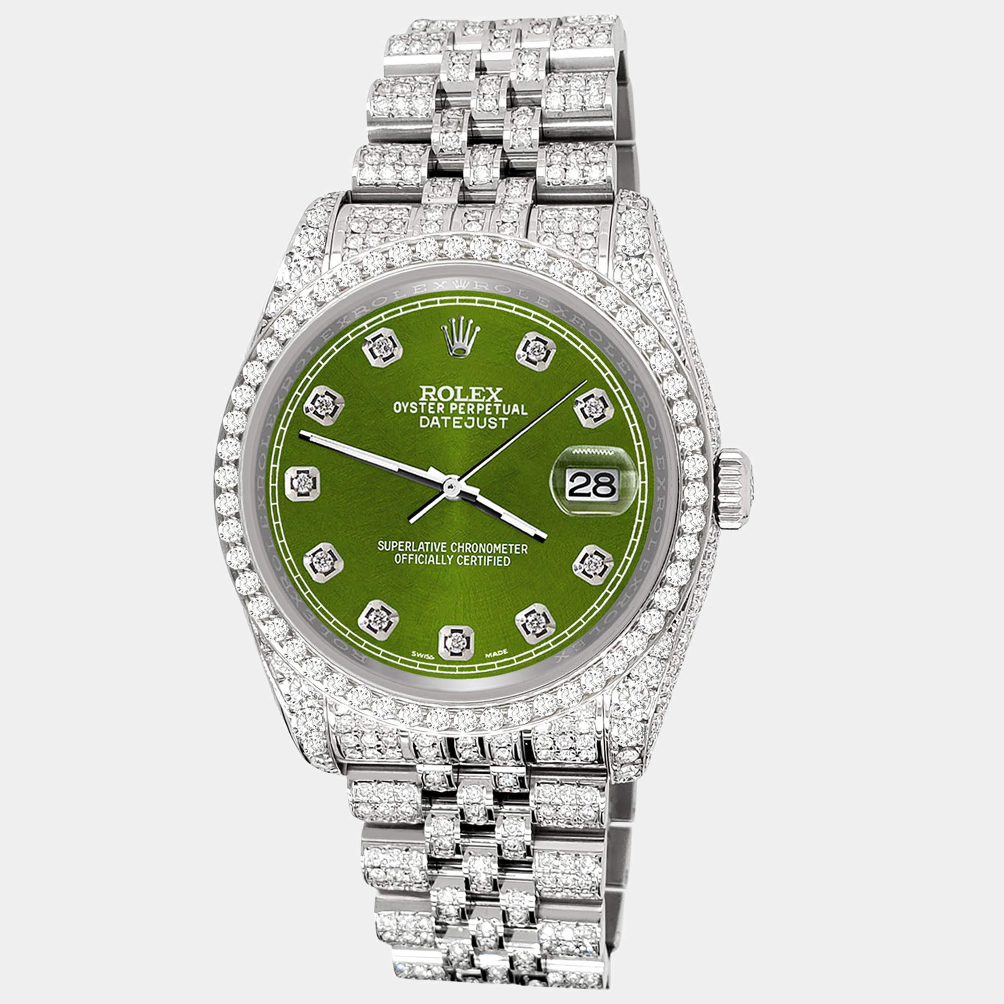 Rolex Custom Royal Green 10.2ct Diamonds Stainless Steel Datejust 116200 Automatic Men's Wristwatch 36mm