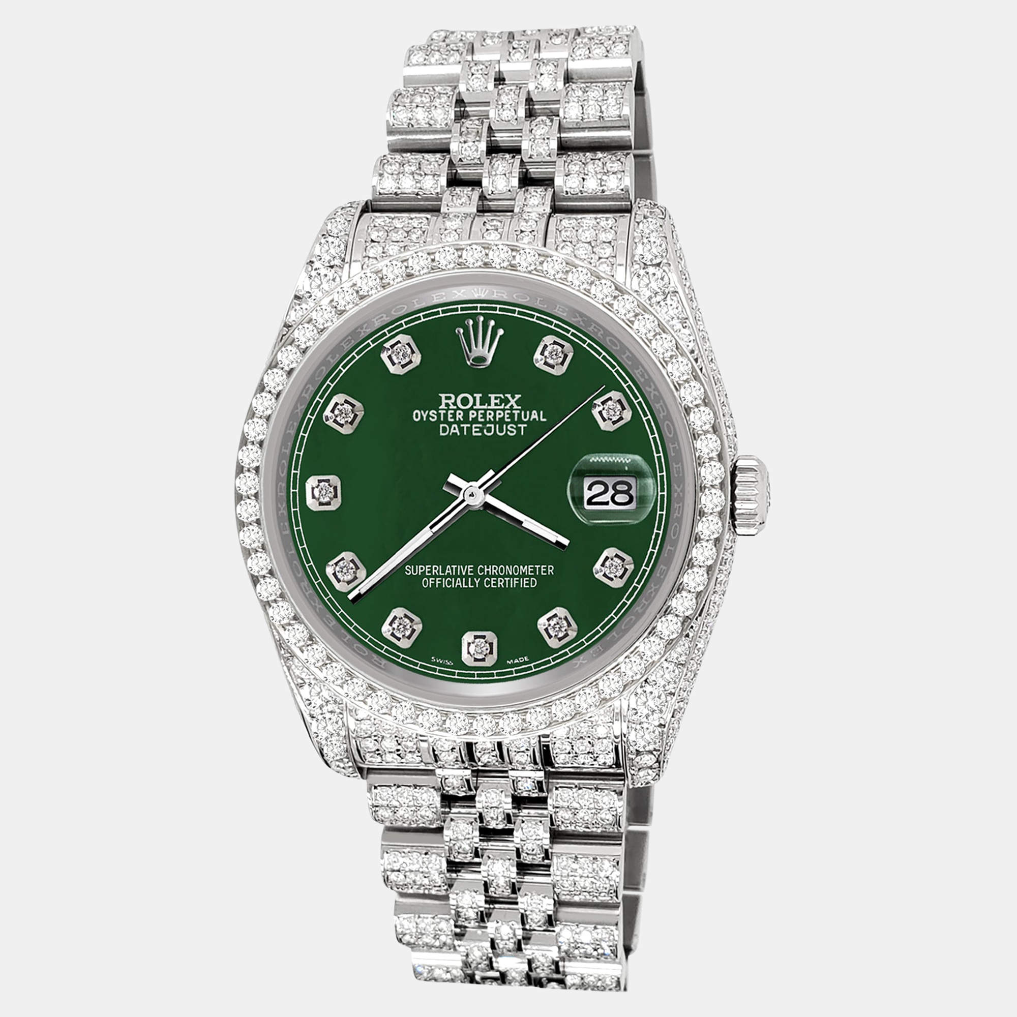 Rolex Custom Forest Green 10.2ct Diamonds Stainless Steel Datejust 116200 Automatic Men's Wristwatch 36mm