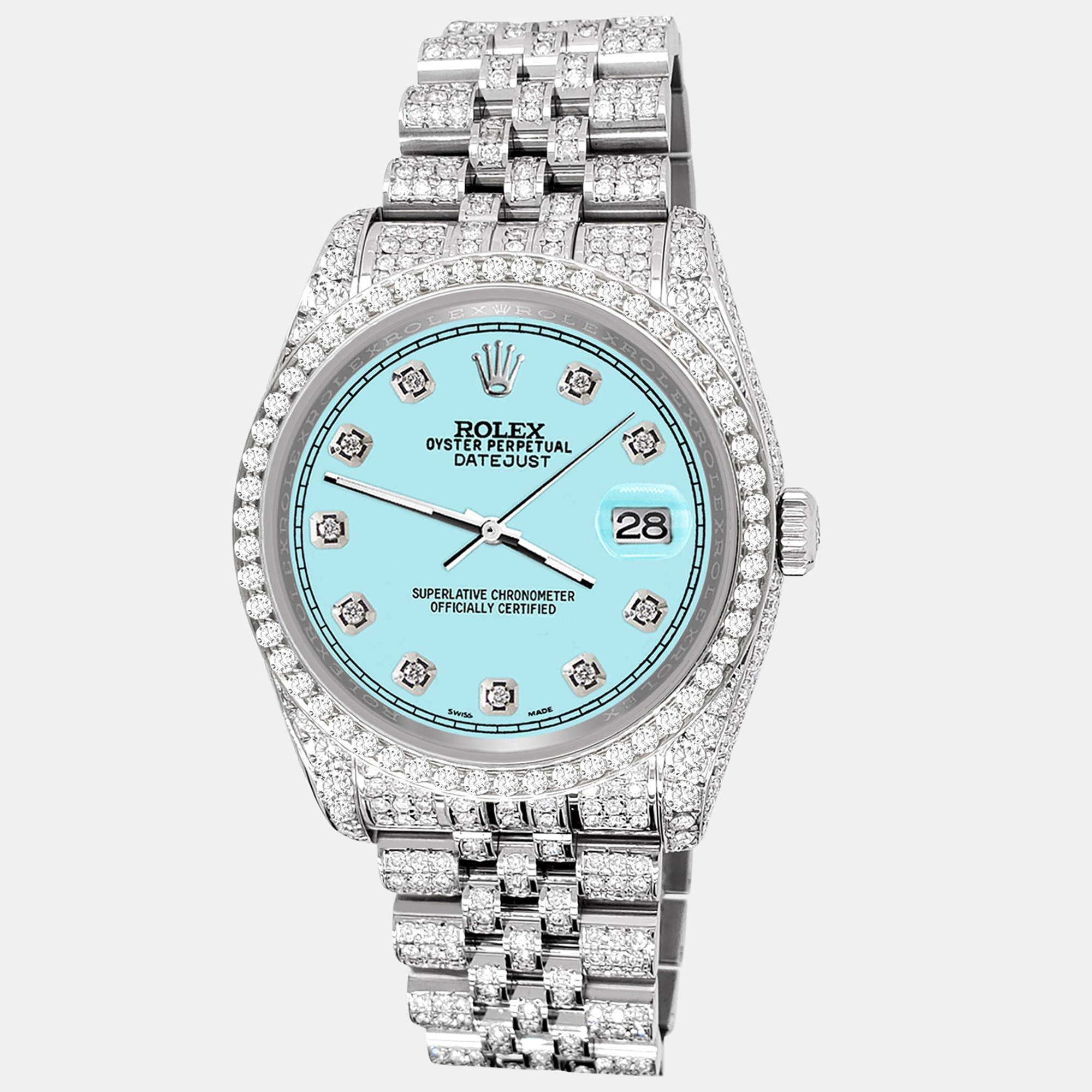 Rolex Custom Ice Blue 10.2ct Diamonds Stainless Steel Datejust 116200 Automatic Men's Wristwatch 36mm