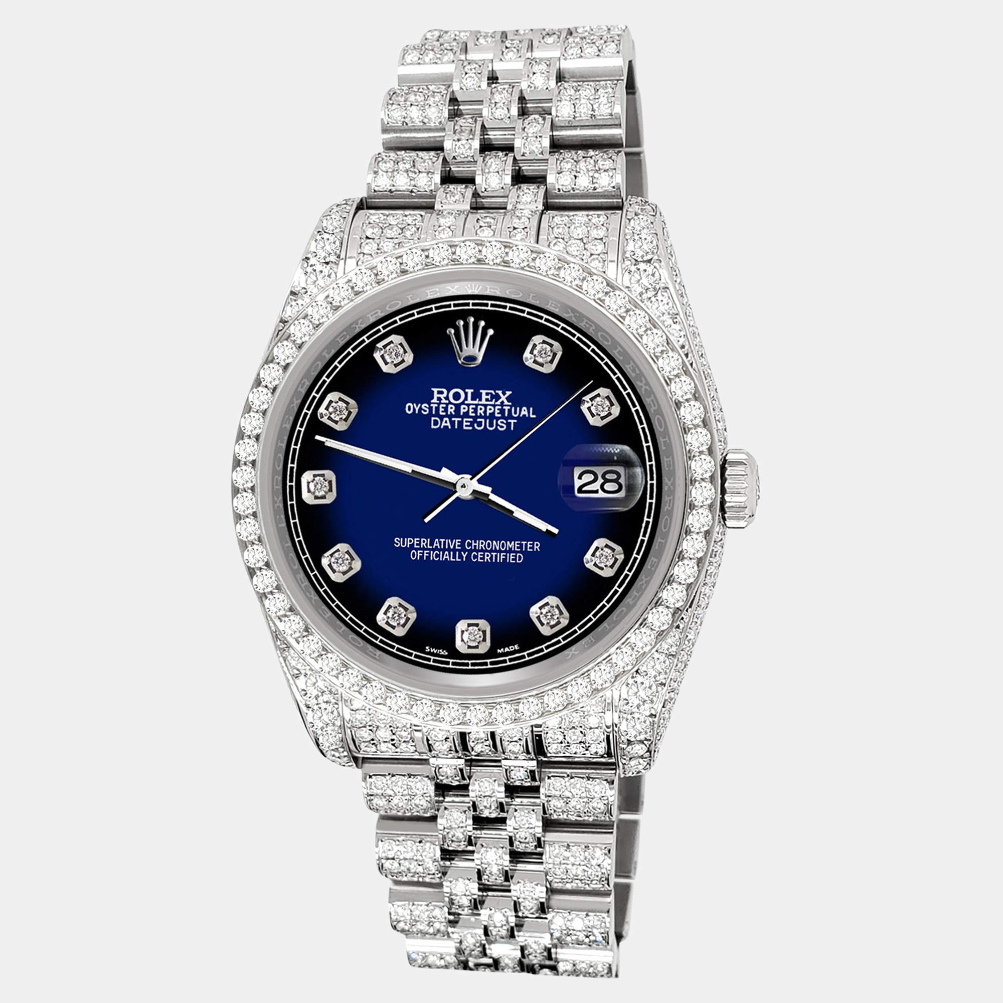 Rolex Custom Blue Vignette 10.2ct Diamonds Stainless Steel Datejust 116200 Automatic Men's Wristwatch 36mm