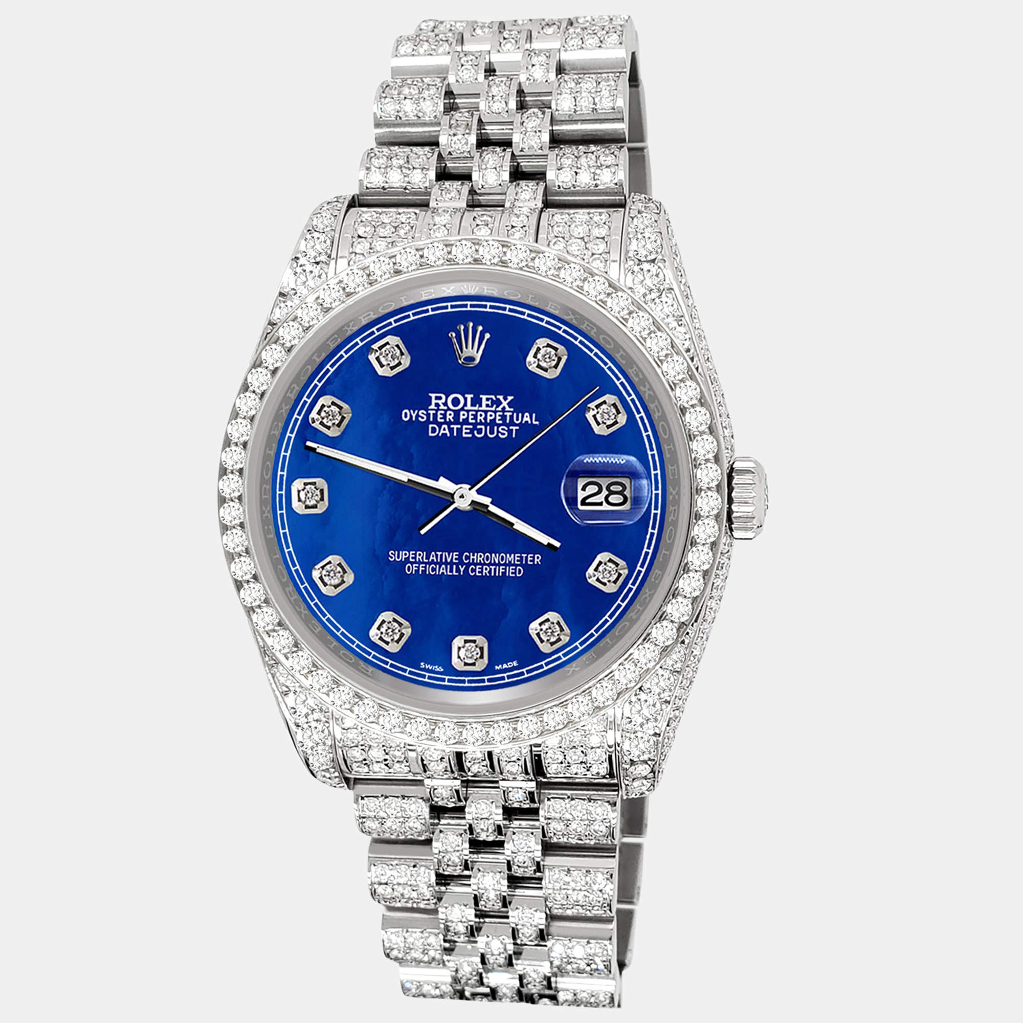 Rolex Custom Royal Blue 10.2ct Diamonds Stainless Steel Datejust 116200 Automatic Men's Wristwatch 36mm