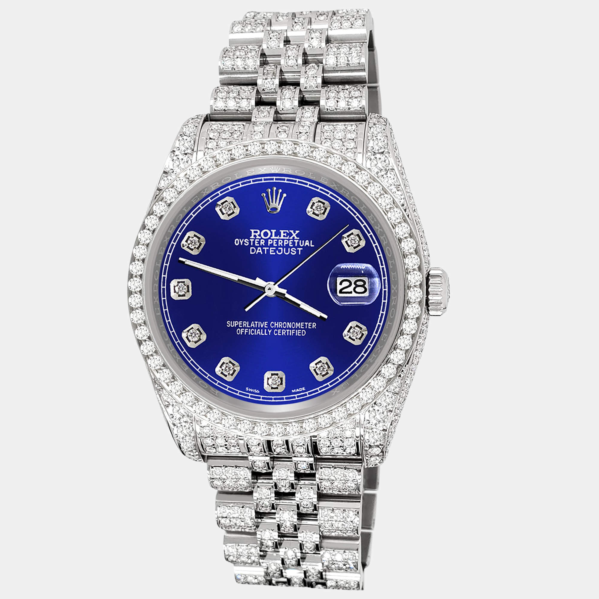 Rolex Custom Navy Blue 10.2ct Diamonds Stainless Steel Datejust 116200 Automatic Men's Wristwatch 36mm