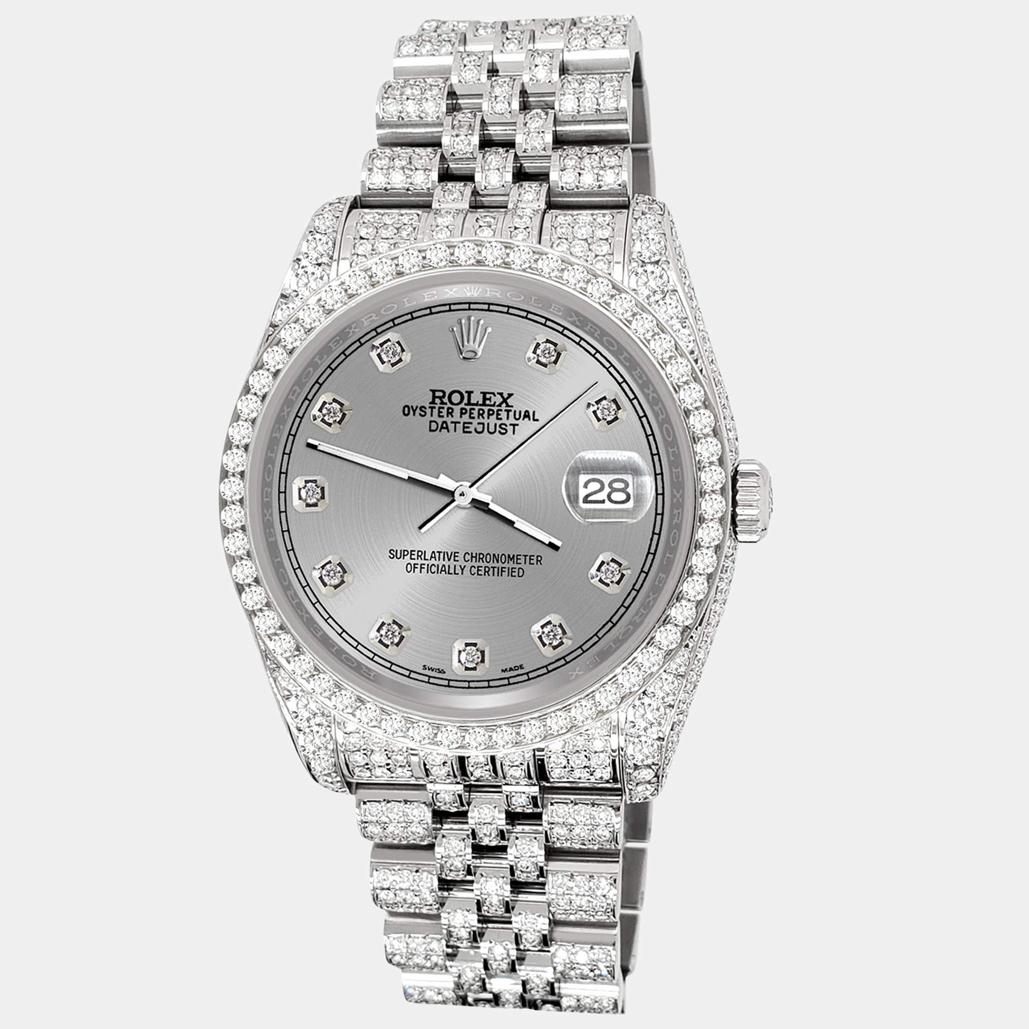 Rolex Custom Gray 10.2ct Diamonds Stainless Steel Datejust 116200 Automatic Men's Wristwatch 36mm