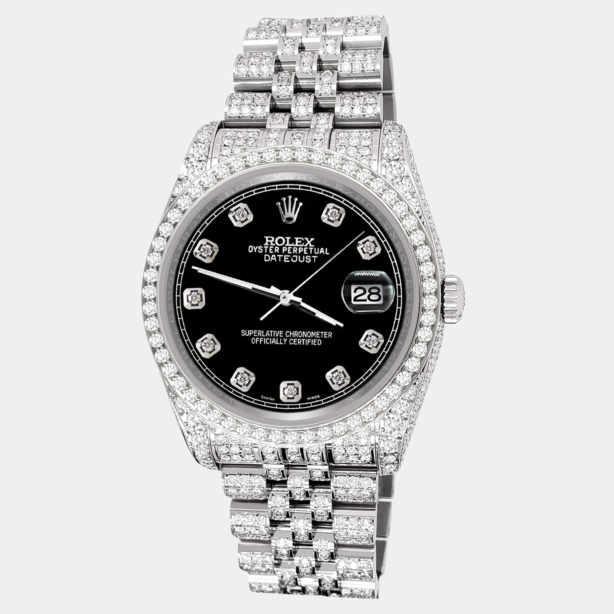 Rolex Custom Black 10.2ct Diamonds Stainless Steel Datejust 116200 Automatic Men's Wristwatch 36mm