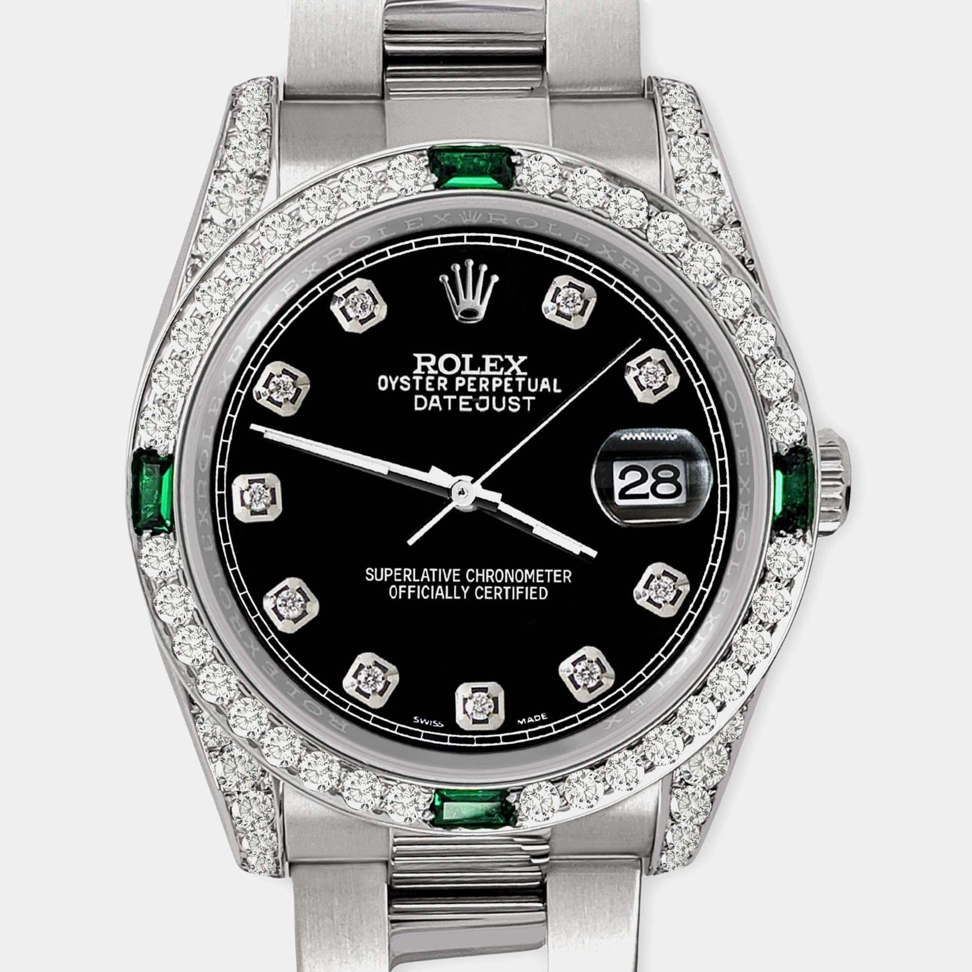 Rolex Custom Black 2.5CT Diamond Stainless Steel Datejust 116200 Automatic Men's Wristwatch 36mm