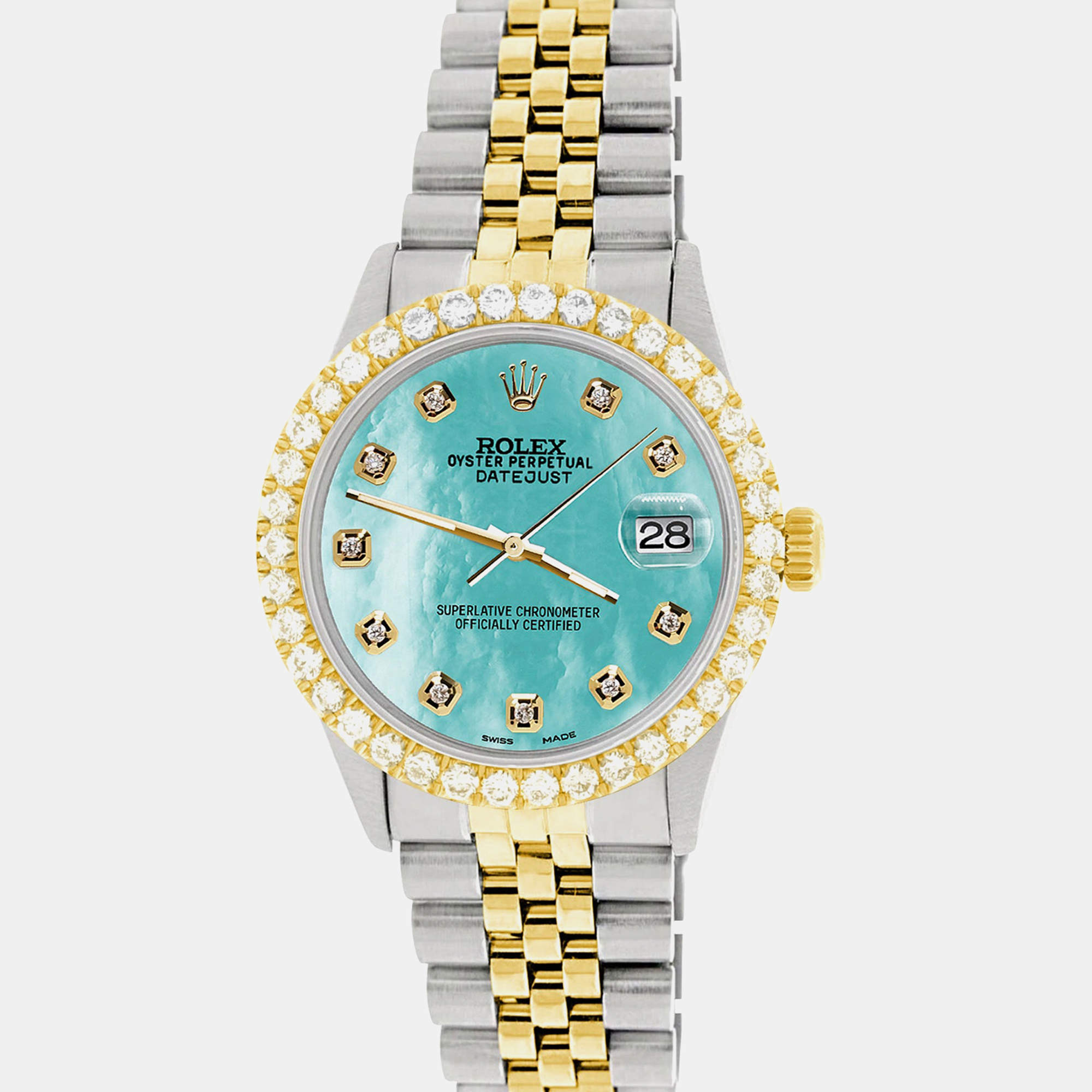 Rolex Custom Aquamarine MOP 3.05CT Diamond 18K Yellow Gold Stainless Steel Datejust  Automatic Men's Wristwatch 36mm