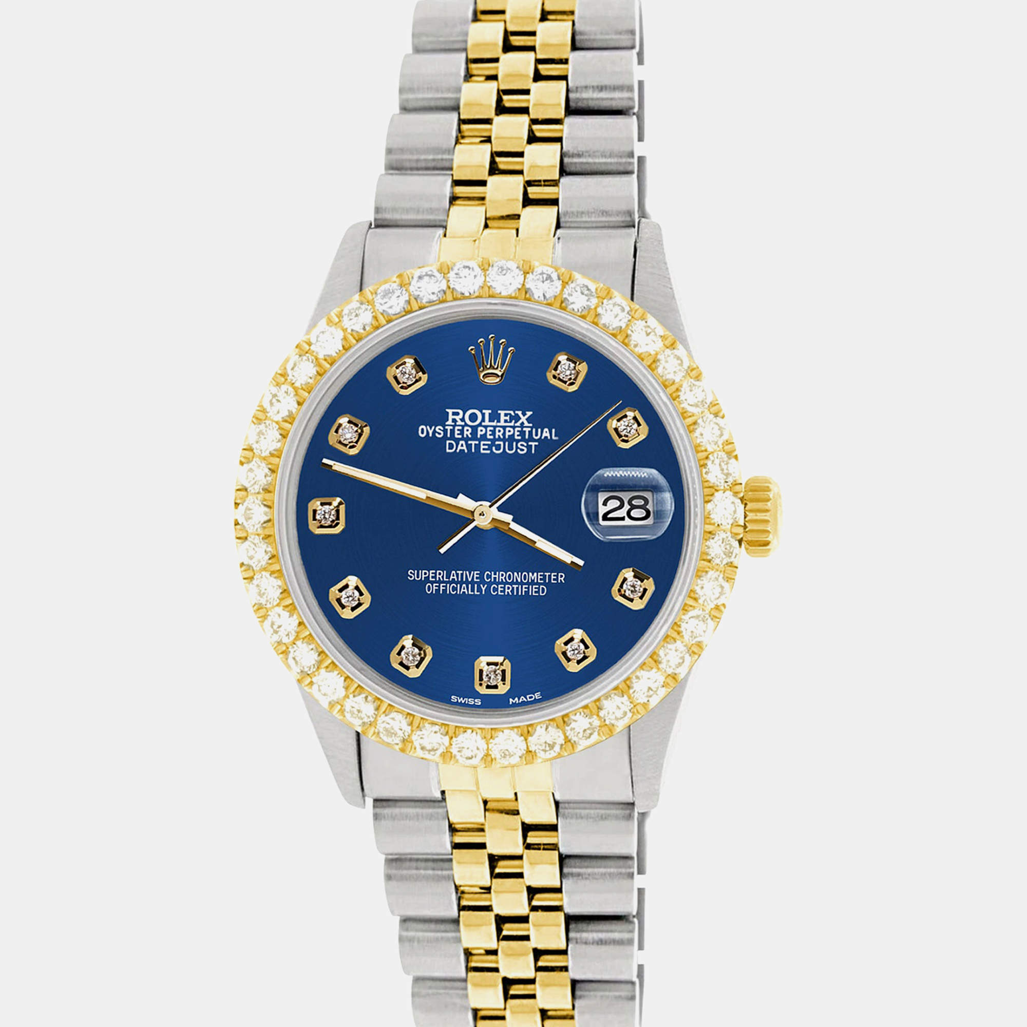 Rolex Custom Cobalt Blue 3.05CT Diamond 18K Yellow Gold Stainless Steel Datejust  Automatic Men's Wristwatch 36mm