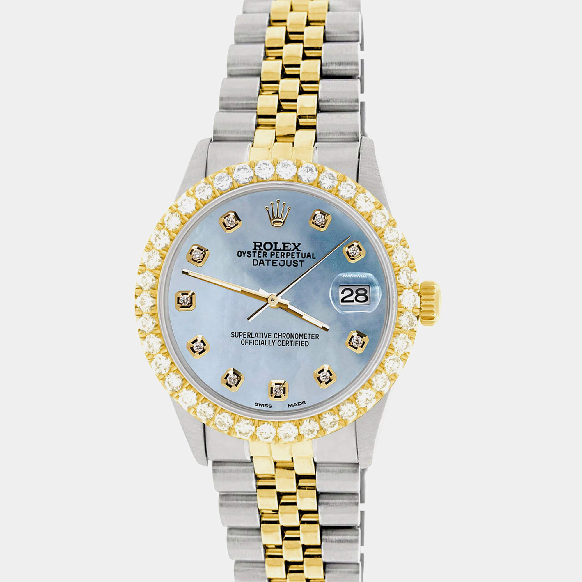 Rolex Custom Sky Blue MOP 3.05CT Diamond 18K Yellow Gold Stainless Steel Datejust  Automatic Men's Wristwatch 36mm