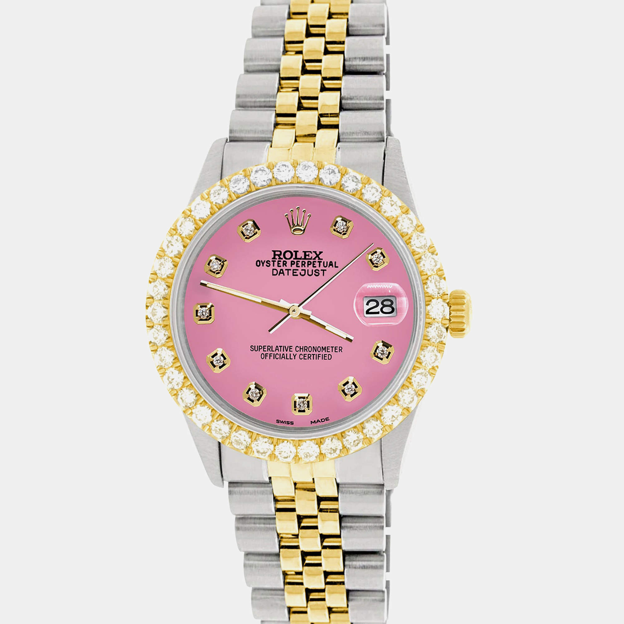 Rolex Custom Hot Pink 3.05CT Diamond 18K Yellow Gold Stainless Steel Datejust  Automatic Men's Wristwatch 36mm