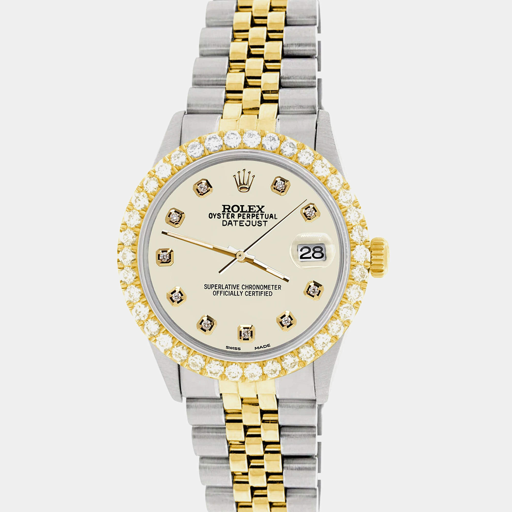 Rolex Custom Satin Linen 3.05CT Diamond 18K Yellow Gold Stainless Steel Datejust  Automatic Men's Wristwatch 36mm