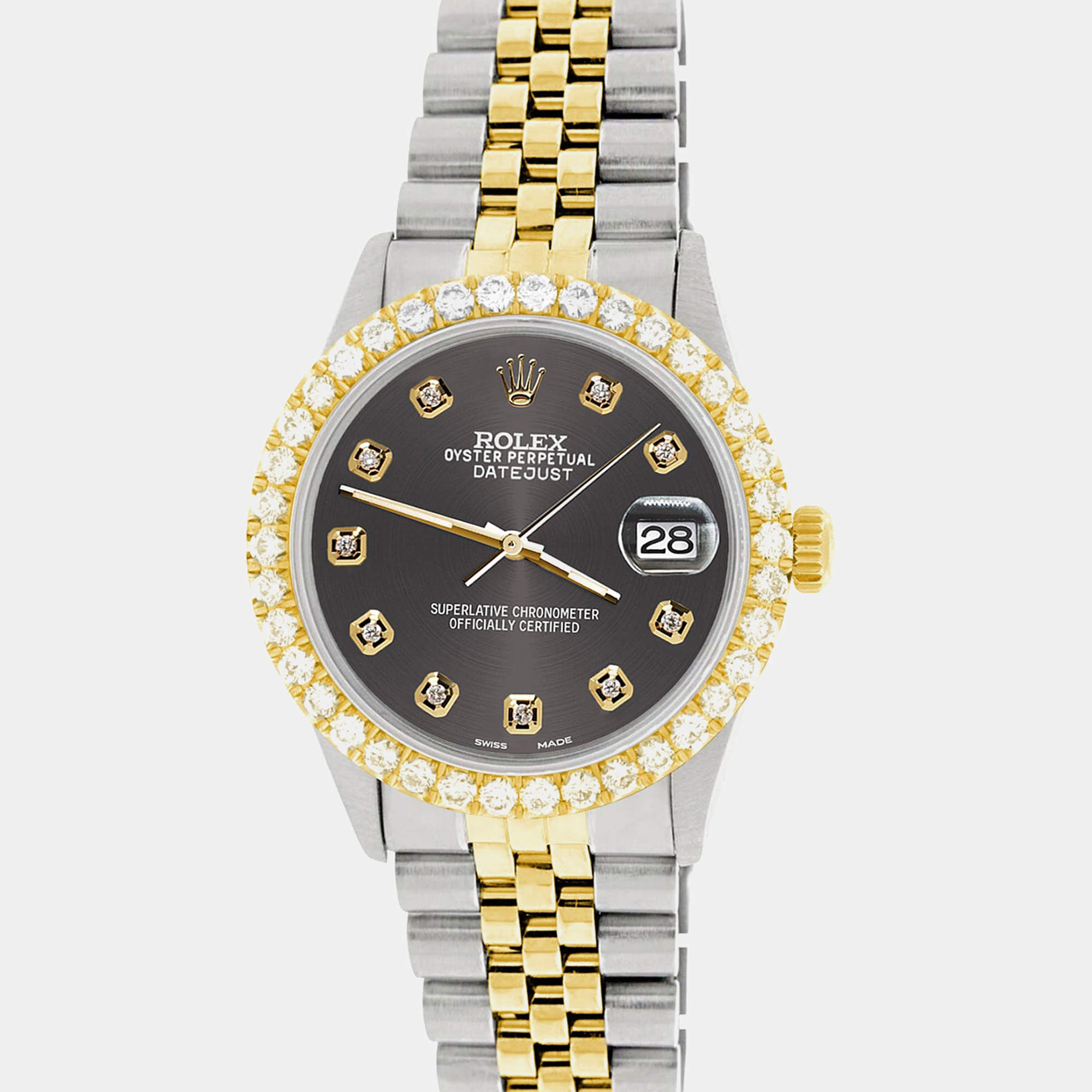 Rolex Custom Rhodium Gray 3.05CT Diamond 18K Yellow Gold Stainless Steel Datejust  Automatic Men's Wristwatch 36mm