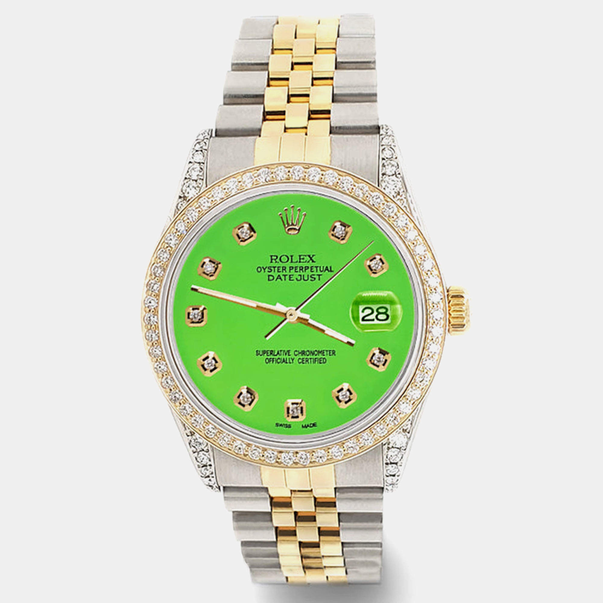 Rolex Custom Green 1.4ct Diamond 18k Yellow Gold Stainless Steel Datejust Automatic Men's Wristwatch 36 mm