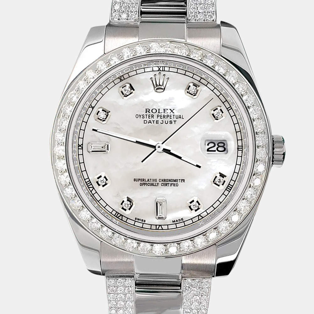 Rolex Custom White MOP 5ct Diamond Stainless Steel Datejust II 116300 Automatic Men's Wristwatch 41 mm