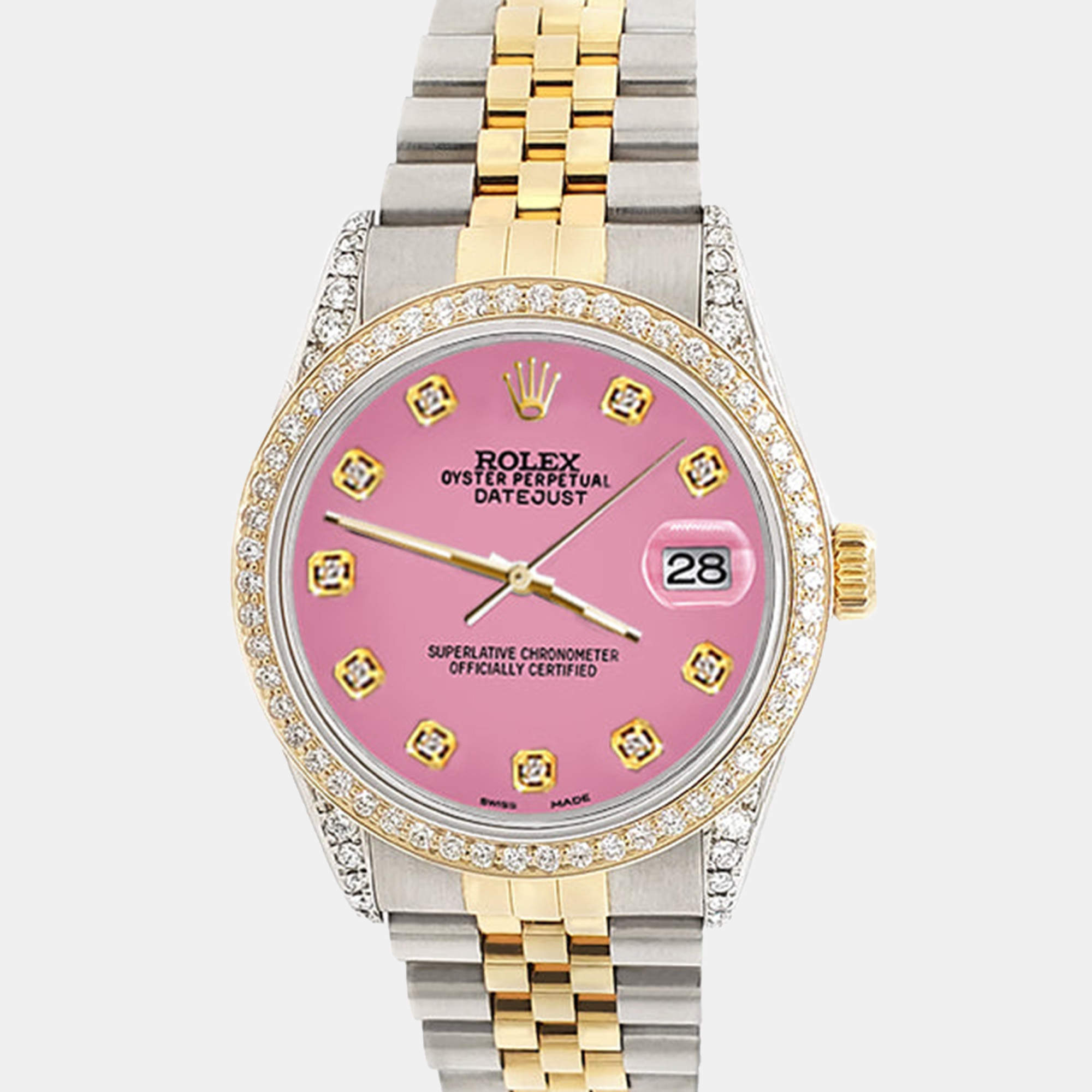 Rolex Custom Pink 1.4ct Diamond 18k Yellow Gold Stainless Steel Datejust Automatic Men's Wristwatch 36 mm