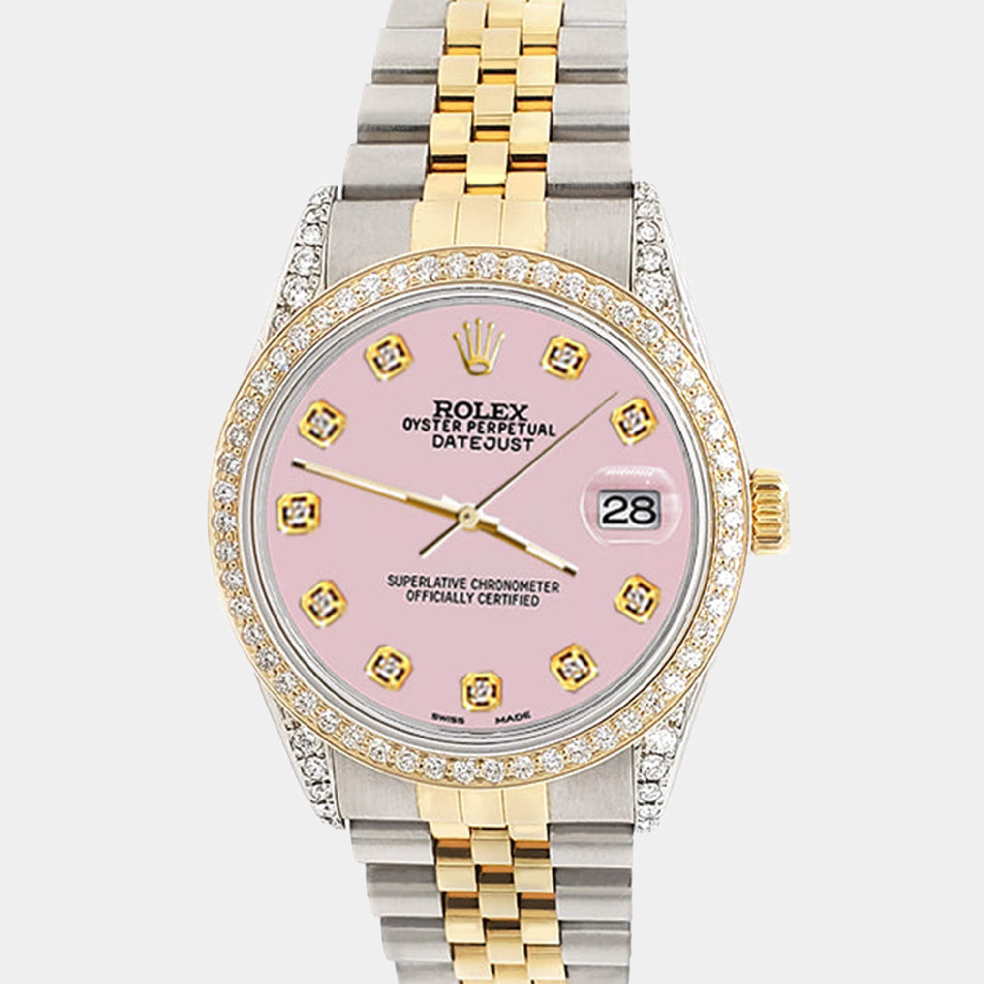 Rolex Custom Orchid Pink 1.4ct Diamond 18k Yellow Gold Stainless Steel Datejust Automatic Men's Wristwatch 36 mm