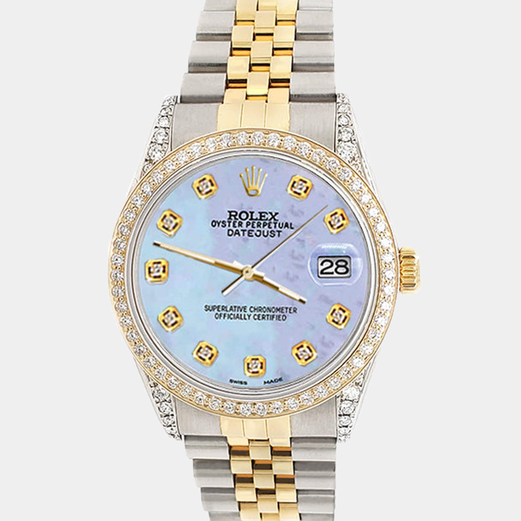 Rolex Custom Purple MOP 1.4ct Diamond 18k Yellow Gold Stainless Steel Datejust Automatic Men's Wristwatch 36 mm